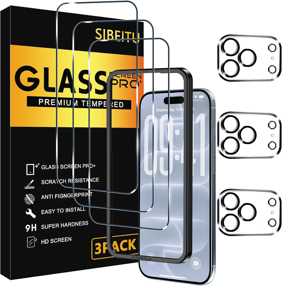 SIBEITU 3+3 Pack Screen Protector + Camera Lens Protector for iPhone 14 Pro