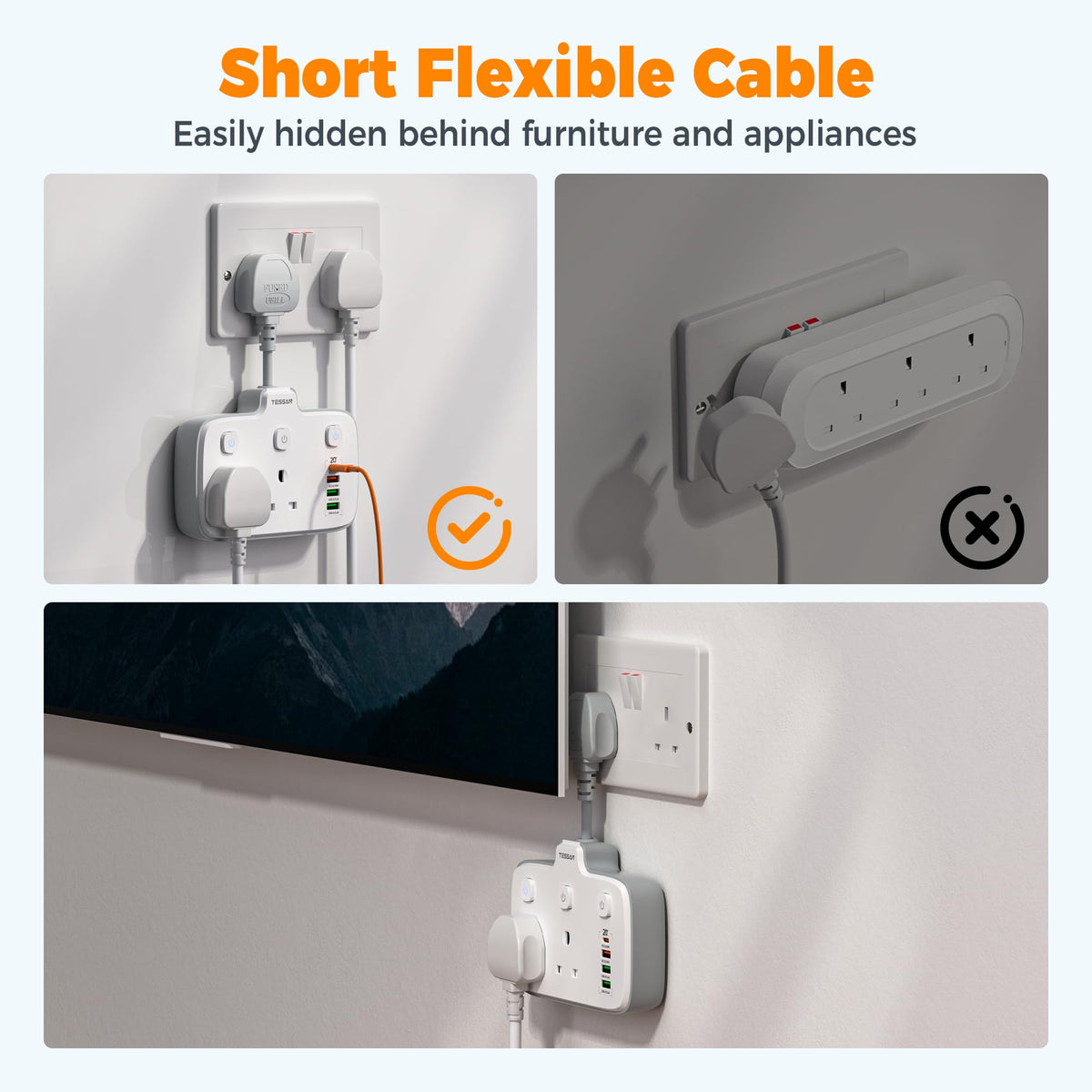 TESSAN USB Charger Plug Adapter UK (2 USB C), Double Plug Extension Socket