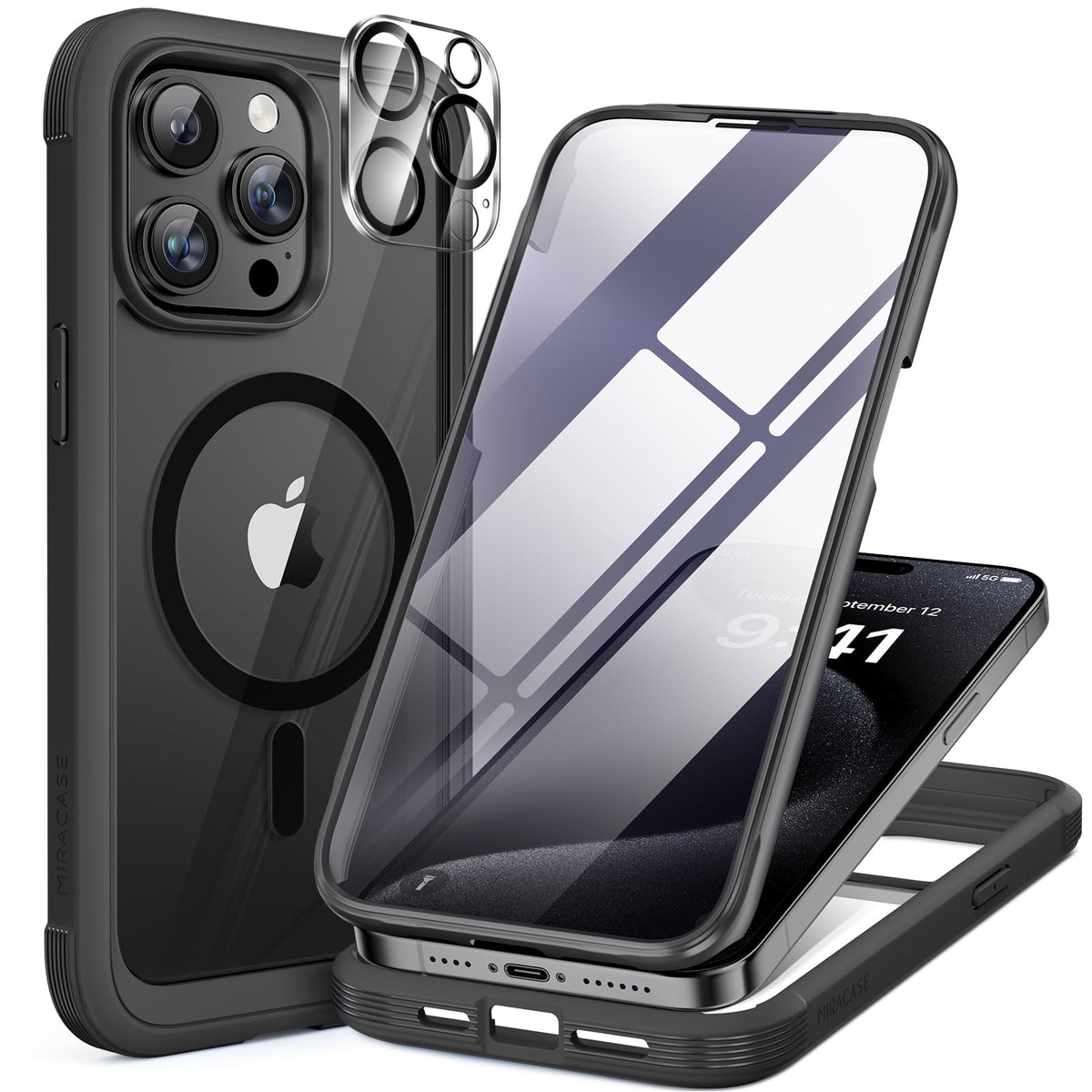 Miracase for iPhone 17e Case & iPhone 16e Case, Full-Body Phone with Built-in Glass Screen Protector, [Magnetic with MagSafe] Military Drop Proof 17 E/ 16 E Cover Bumper 6.1 inch, Black