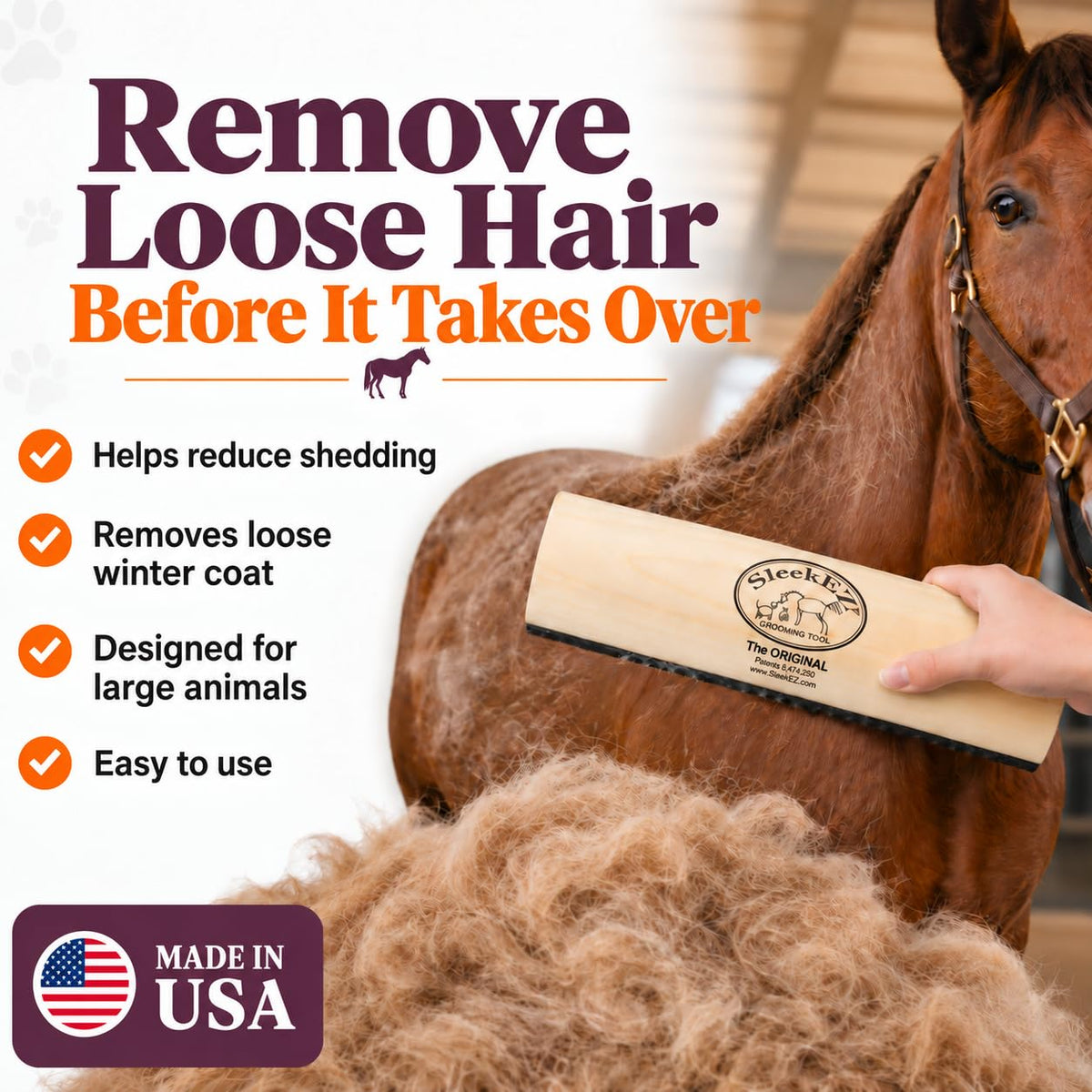 SleekEZ 10 Inch Horse Brush – Patented Horse Shedding Blade Made in USA - Removes Loose Hair & Undercoat - Deshedding Tool for Donkeys, Cows & Large Animals - Helps Reduce Seasonal Shedding