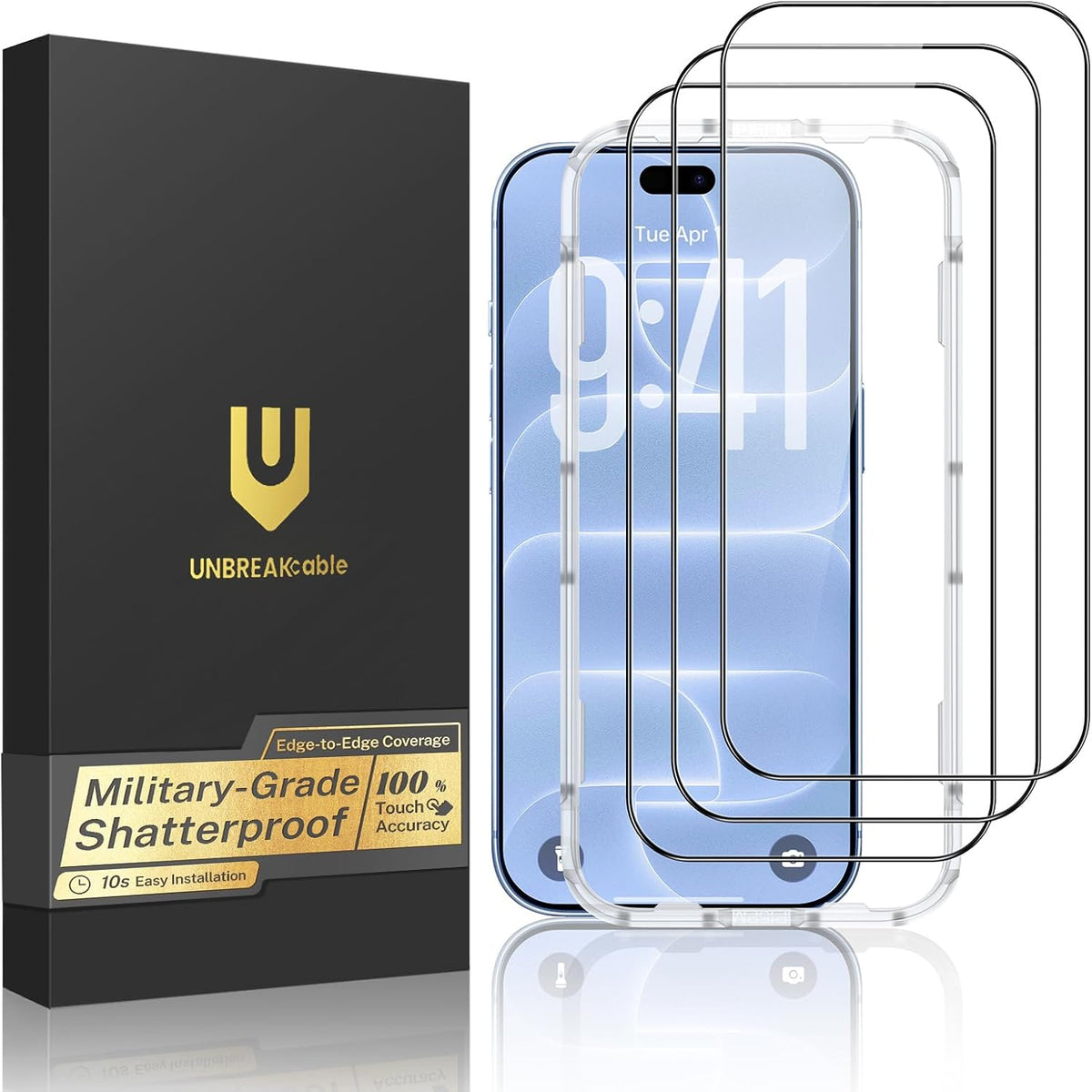 UNBREAKcable 3-Pack Screen Protector for iPhone 15, Full Coverage