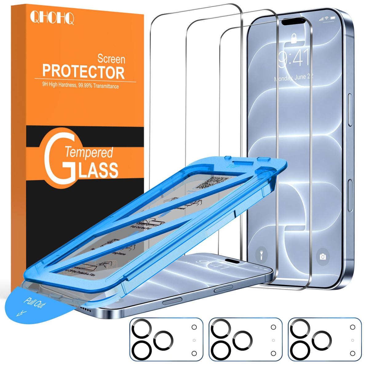 QHOHQ 3 Pack Screen Protector for iPhone 13 Pro 6.1 Inch with 3 Pack Tempered Glass Camera Lens Protector, Ultra HD, 9H Hardness, Scratch Resistant - Case Friendly [Not fit iPhone 13 Pro Max 6.7"]
