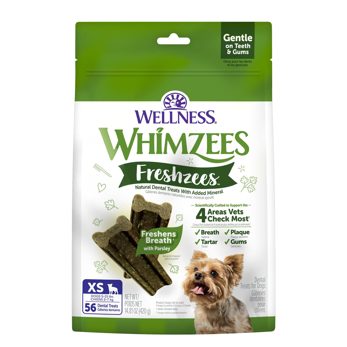 Whimzees Wellness Brushzees Natural Dog Dental Treat, VOHC Accepted Chews, Freshens Breath, Extra-Small Size, 12.7 oz Bag, 48 Count