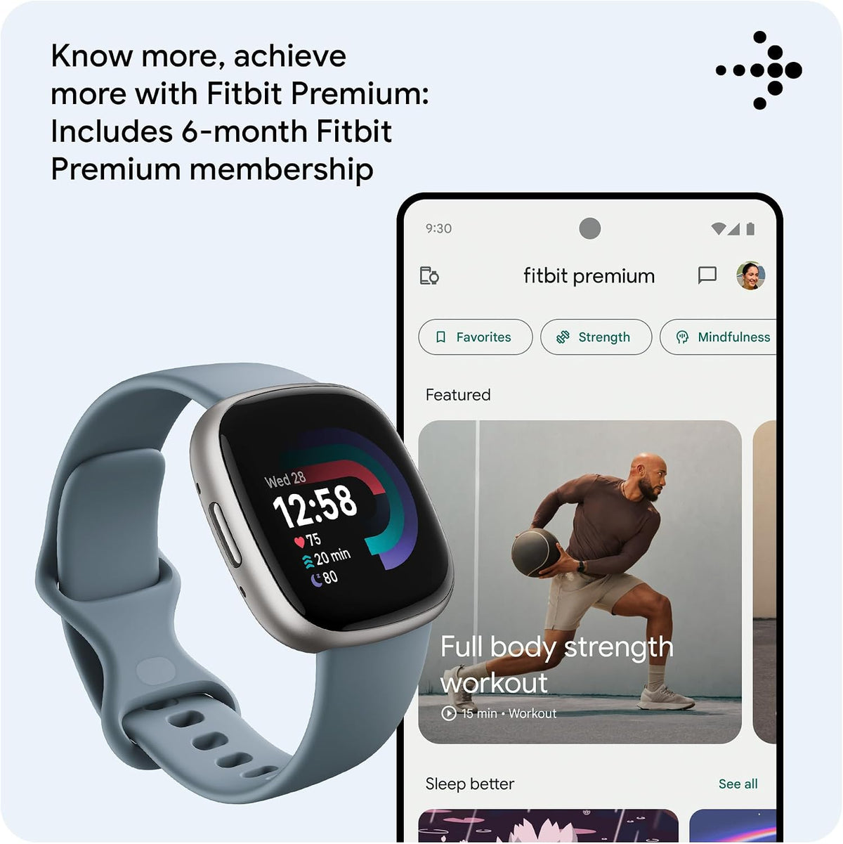 Google Fitbit Versa 4 Fitness Smartwatch with built-in GPS and up to 6 days battery life - compatible with iOS 15 or higher & Android OS 9.0 or higher, Waterfall Blue/Platinum