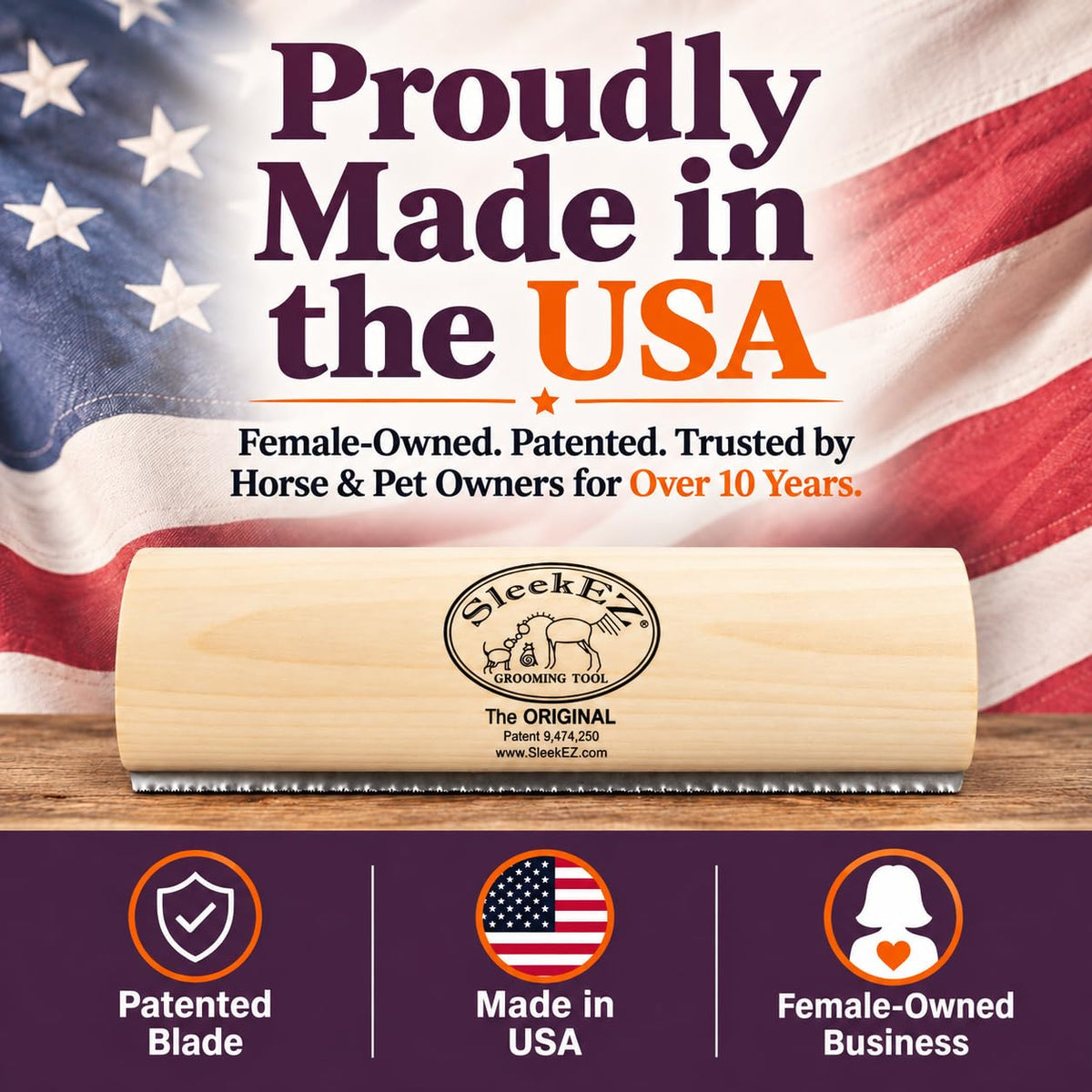SleekEZ 10 Inch Horse Brush – Patented Horse Shedding Blade Made in USA - Removes Loose Hair & Undercoat - Deshedding Tool for Donkeys, Cows & Large Animals - Helps Reduce Seasonal Shedding