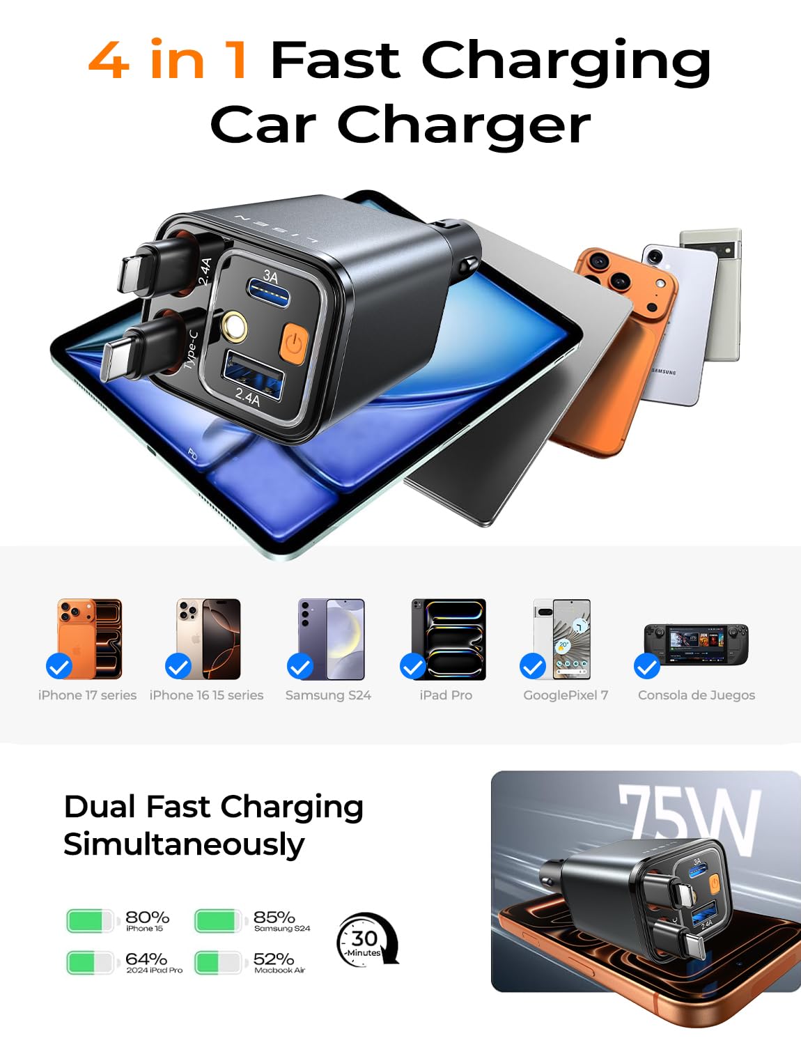LISEN Retractable Car Charger, 84W Car Adapter USB C Fast Charger, 2 Pack