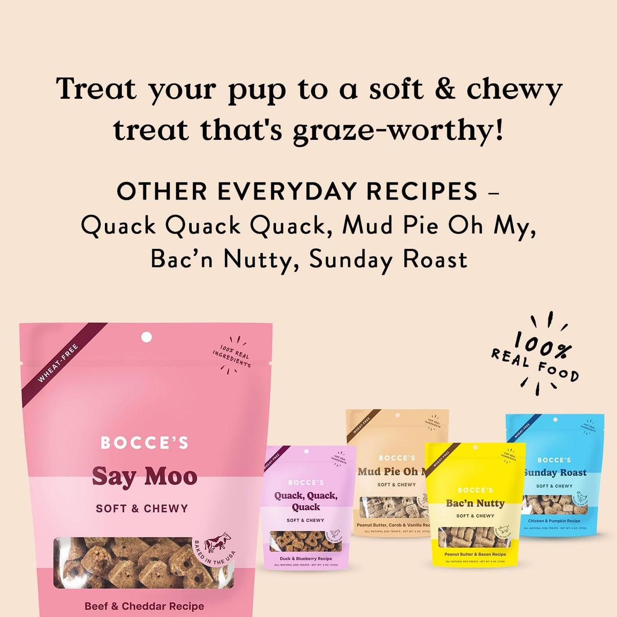 Bocce's Bakery Say Moo Soft & Chewy Dog Treats, Beef & Cheddar Flavor, 6 oz