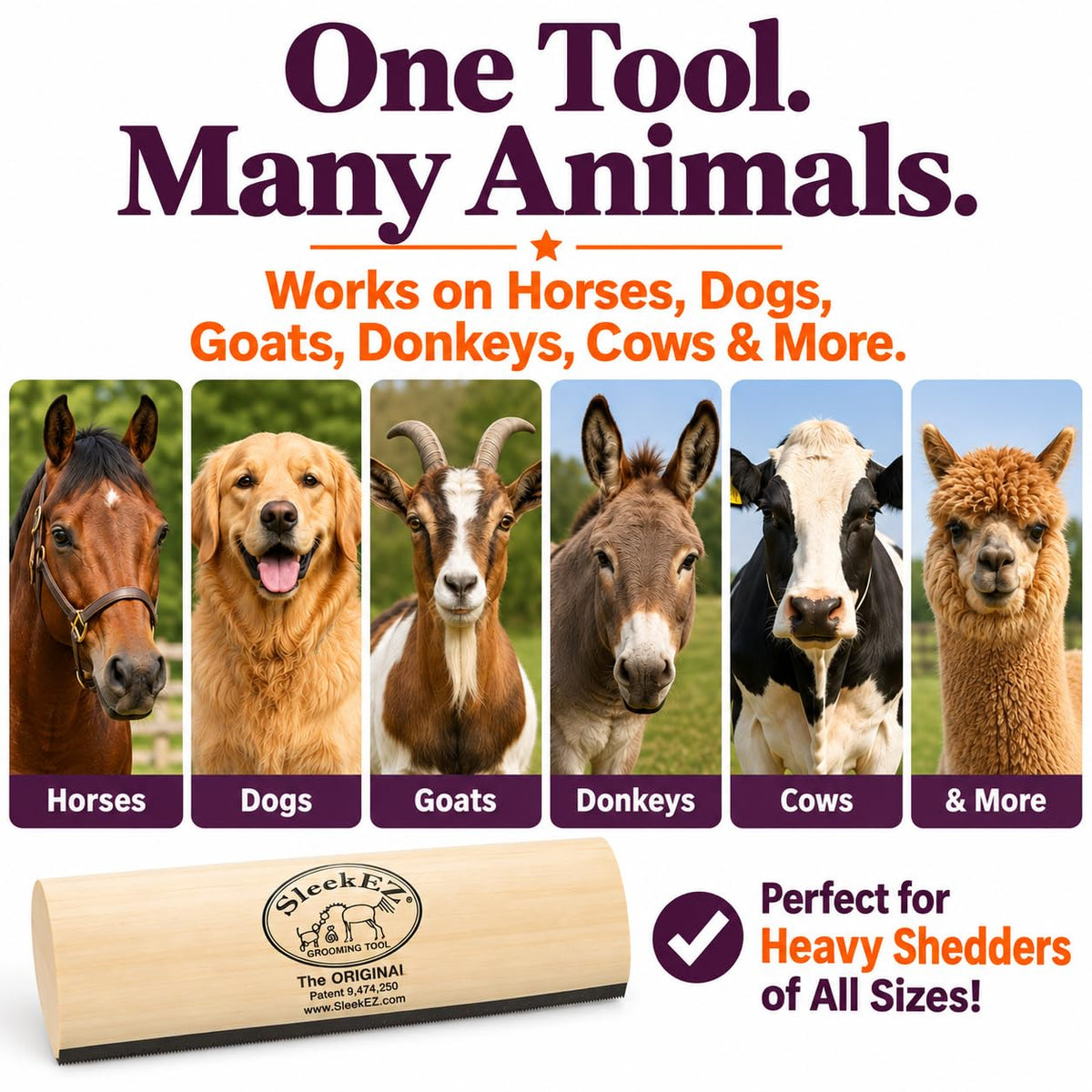 SleekEZ 10 Inch Horse Brush – Patented Horse Shedding Blade Made in USA - Removes Loose Hair & Undercoat - Deshedding Tool for Donkeys, Cows & Large Animals - Helps Reduce Seasonal Shedding