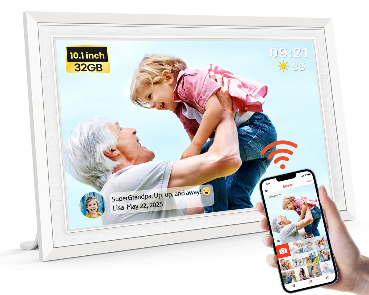 Frameo WiFi Digital Photo Frame 10.1 Inch - 1280x800 HD IPS Touch Screen Picture Frame Electronic, 32GB Memory, Auto Rotate, Wall Mountable, Digital PictureFrame for Sharing Photos and Videos