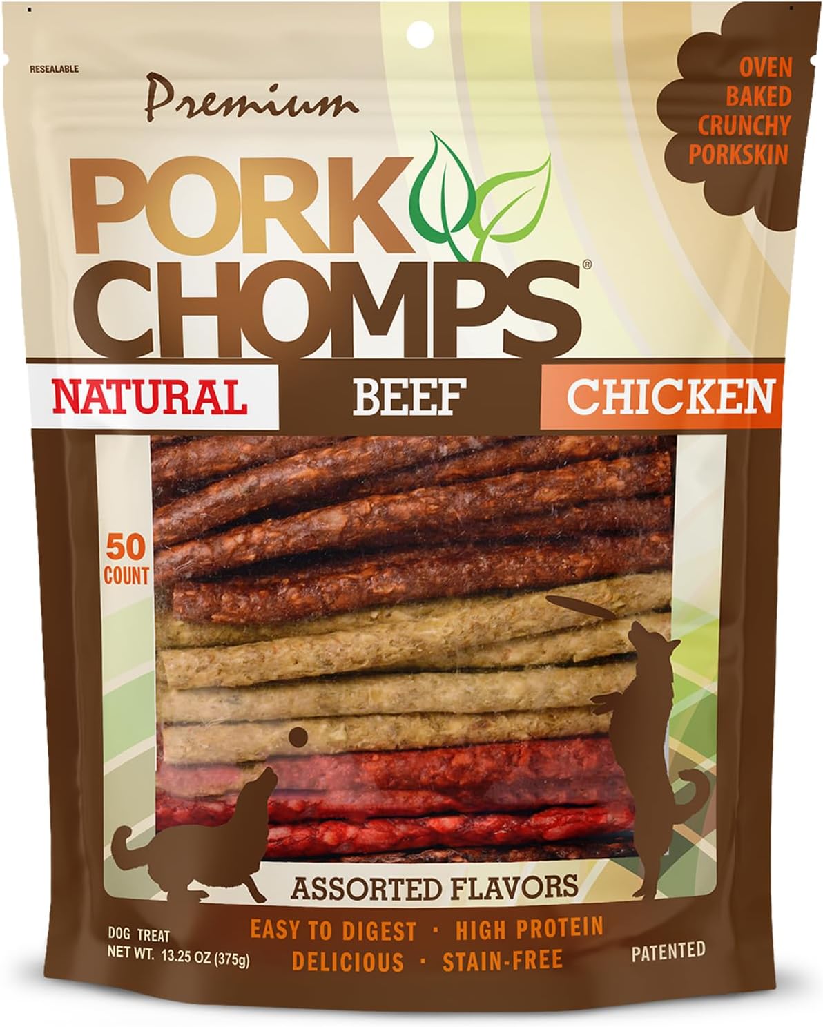 Pork Chomps Dog Chews, 5 in Munchy Sticks, Assorted Flavors, 50 Count