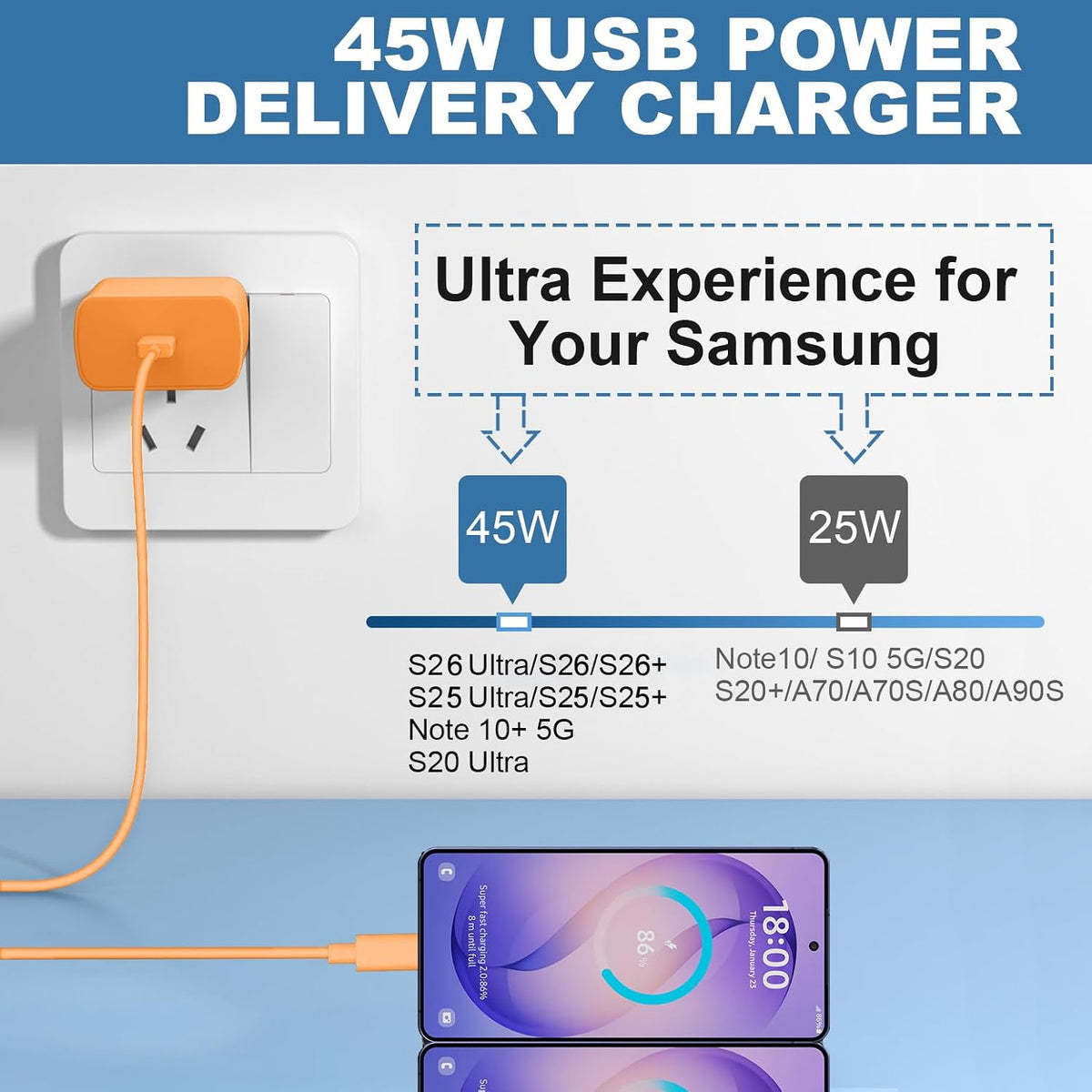 Type C Charger Fast Charging, 45W USB-C Super Fast Type C Wall Charger for Samsung Galaxy S26 S25 S24 S23 Ultra/S26 S25 S24 S23 S22 S21S20/Note 10/20, PPS Android Charger Block with 8FT Cable-Black