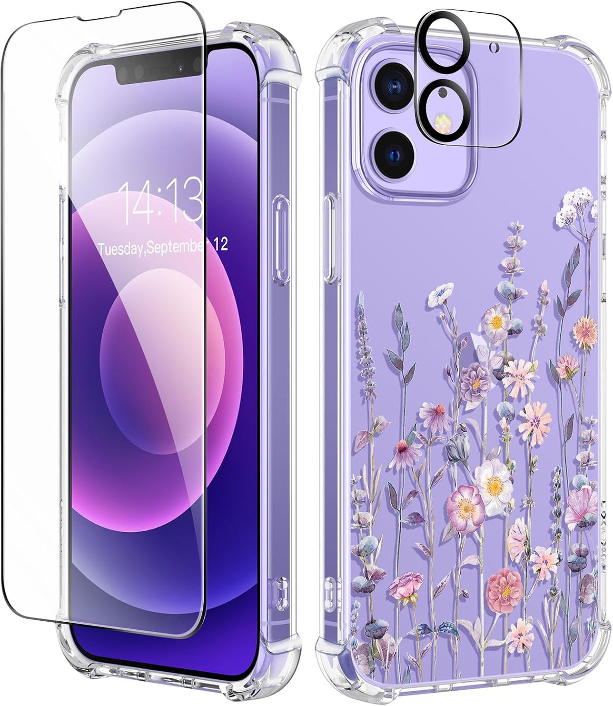 GVIEWIN for iPhone 11 Case Floral, Screen Protector & Camera Lens Protector
