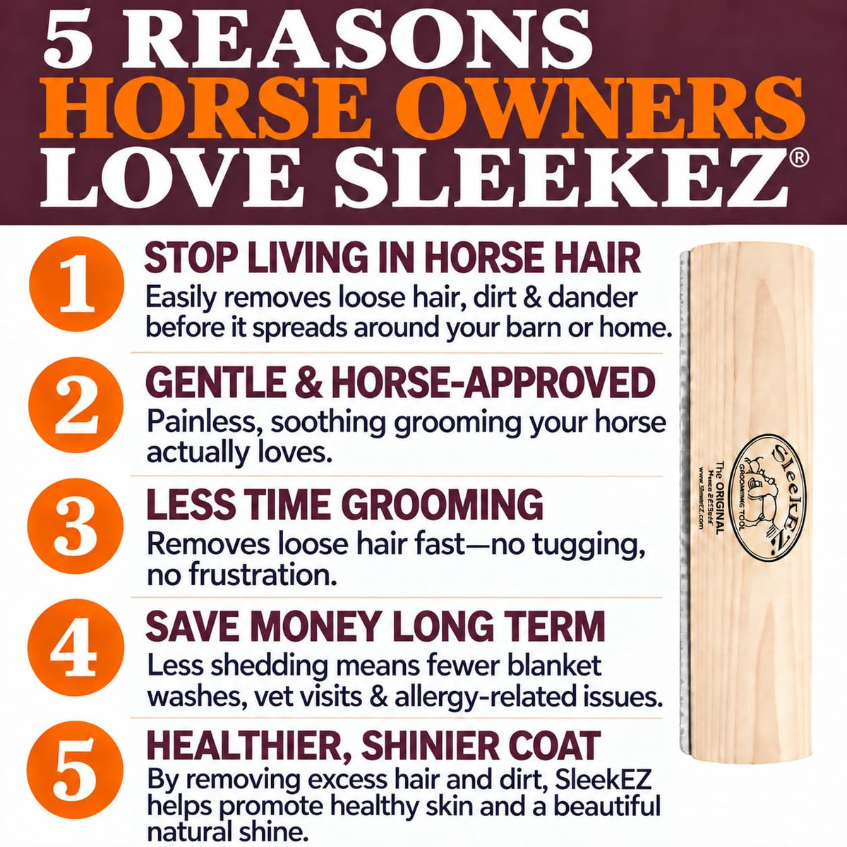 SleekEZ 10 Inch Horse Brush – Patented Horse Shedding Blade Made in USA - Removes Loose Hair & Undercoat - Deshedding Tool for Donkeys, Cows & Large Animals - Helps Reduce Seasonal Shedding