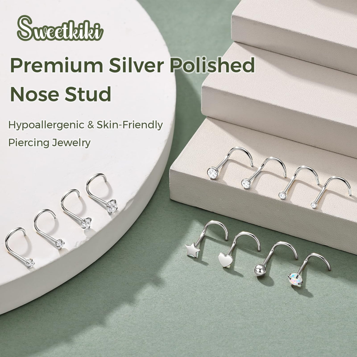 12 Pcs 20G Silver Nose Rings Studs Corkscrew Piercing Jewelry for Women Men