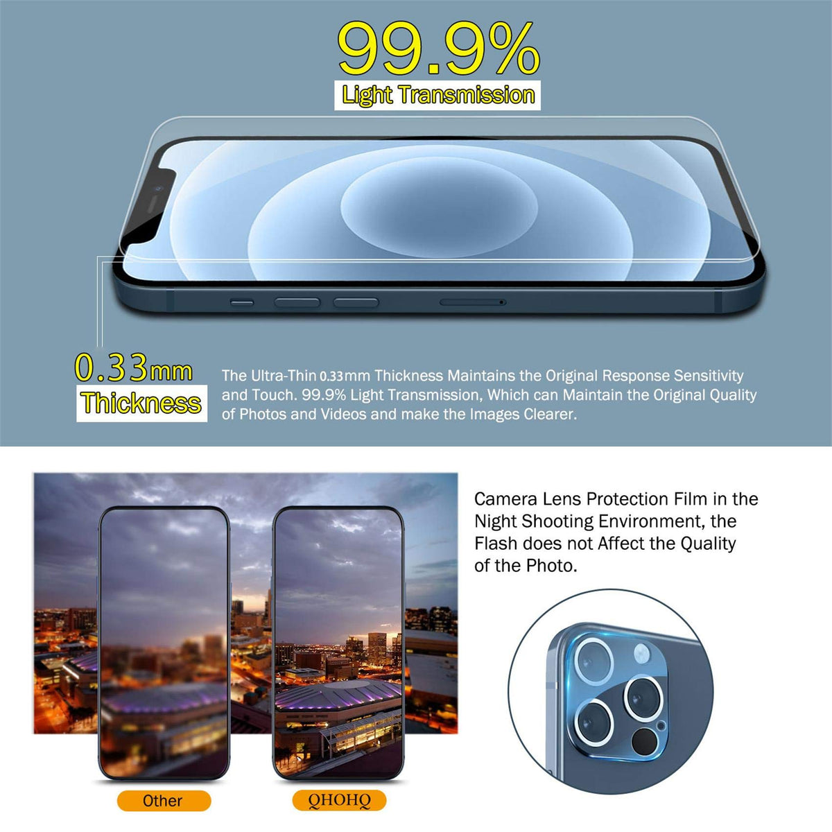 QHOHQ 3 Pack Screen Protector for iPhone 13 Pro 6.1 Inch with 3 Pack Tempered Glass Camera Lens Protector, Ultra HD, 9H Hardness, Scratch Resistant - Case Friendly [Not fit iPhone 13 Pro Max 6.7"]