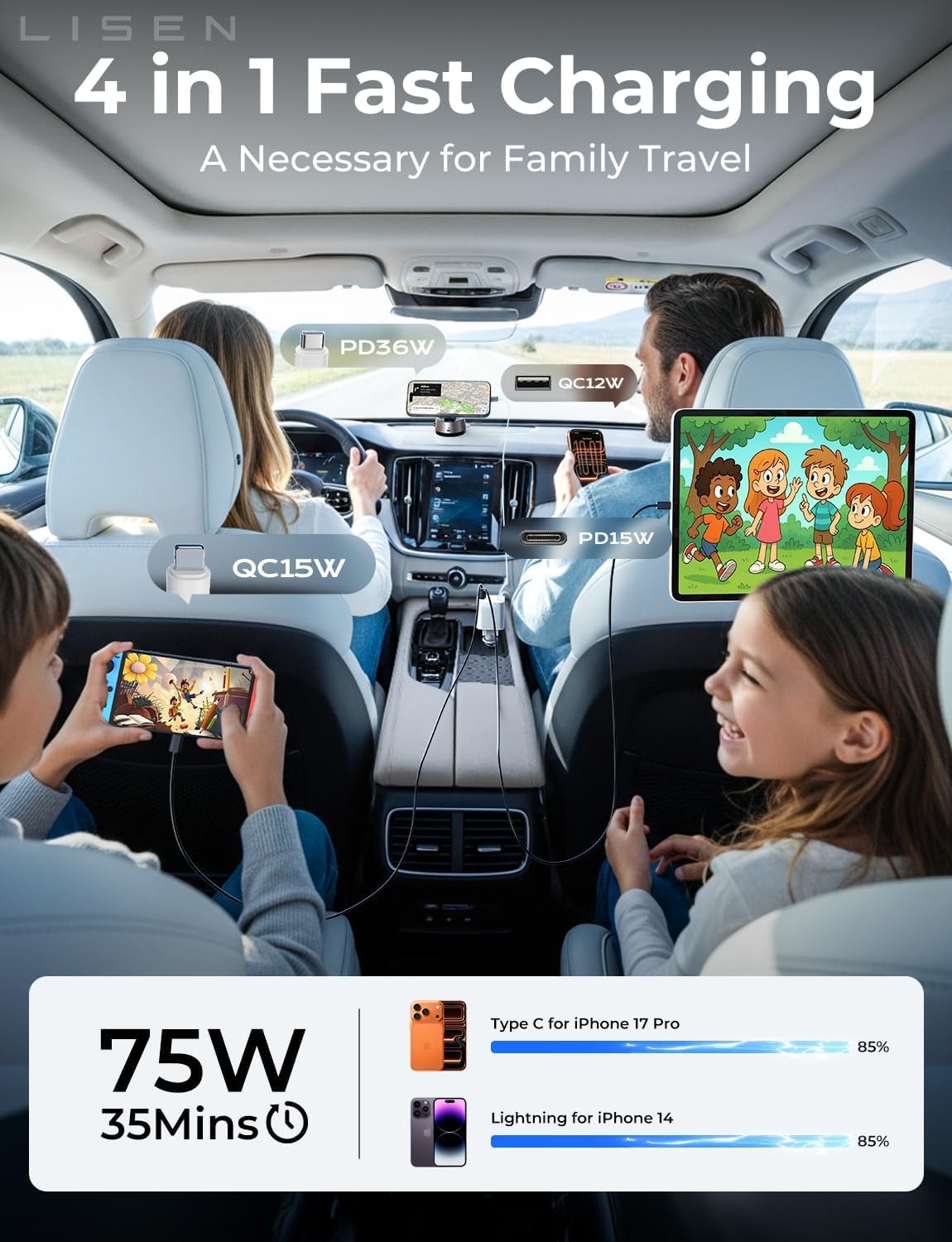 LISEN Retractable Car Charger, 84W Car Adapter USB C Fast Charger, 2 Pack