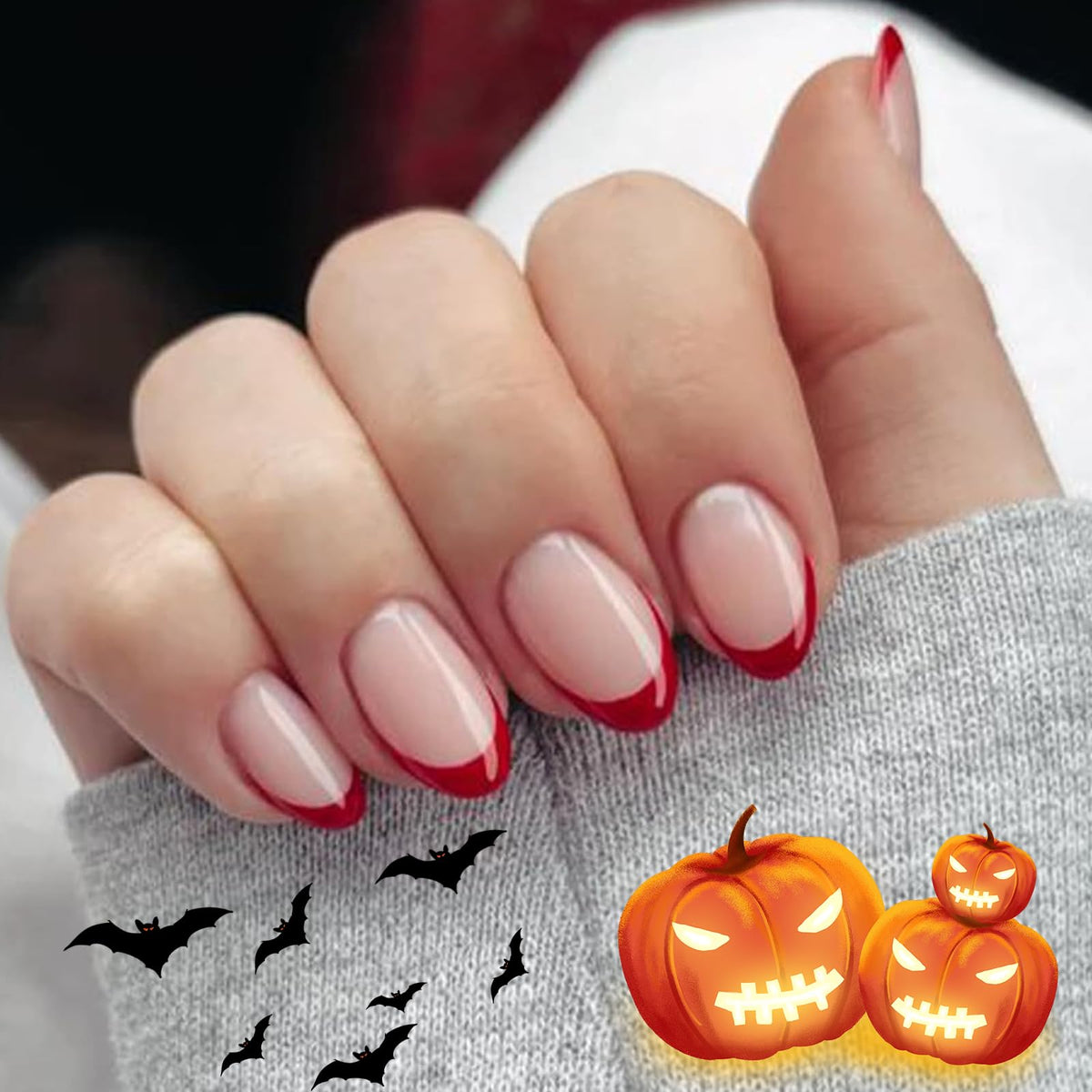 Modelones Black Press on Nails Short, Halloween Oval Fall Fake Nails