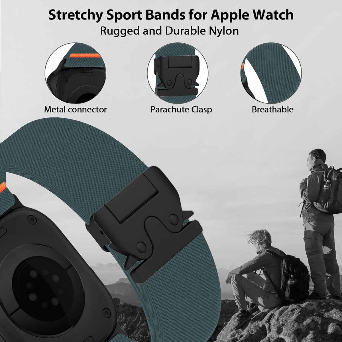 Elastic Sport Band for Apple Watch Ultra 4/3/2 Band 49mm 46mm 45mm 44mm 42mm 41mm 40mm Men, Adjustable Parachute Buckle Nylon Fabric Wristband for iWatch Series 12 11 10 SE 9 8 7 6 5 4 3