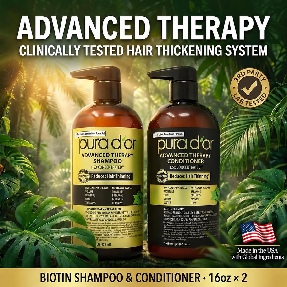 PURA D'OR Gold Label Anti-Thinning Biotin Shampoo & Conditioner, 16oz x2