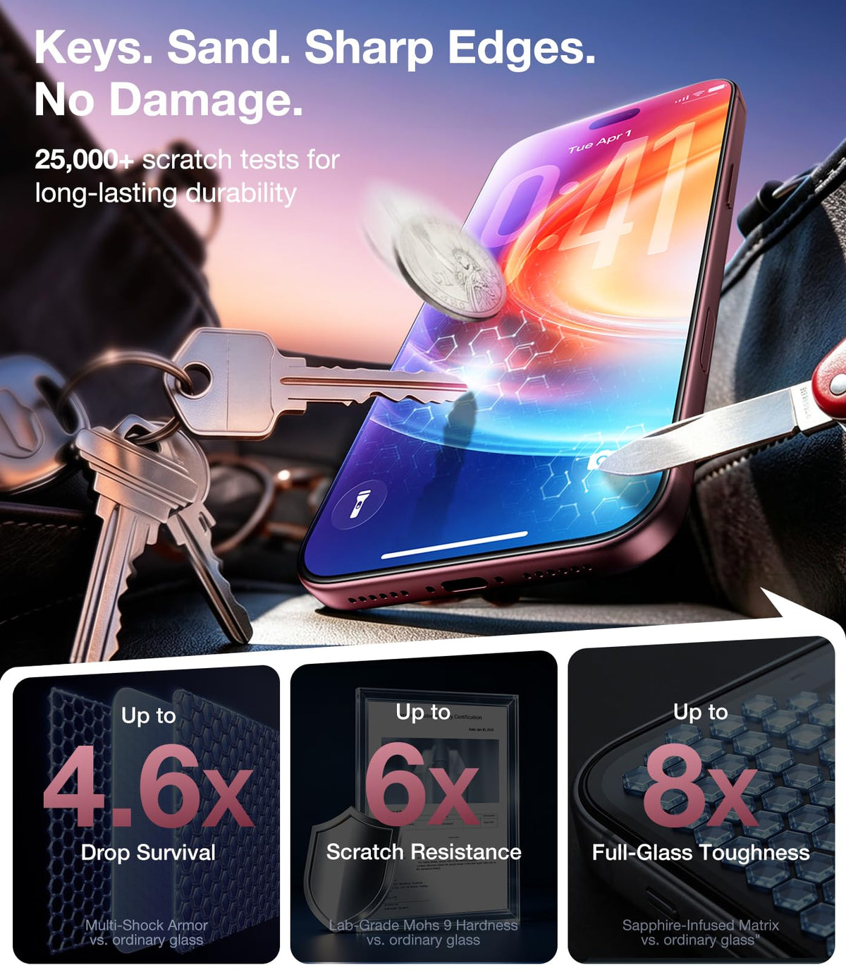 UltraGlass Crystal Armor for iPhone 16 Pro Screen Protector (No Black Bezels) 9H+ Military-Grade Shatterproof Screen Protector 16 Pro Tempered Glass, One Step Easy Installation, 1 Piece