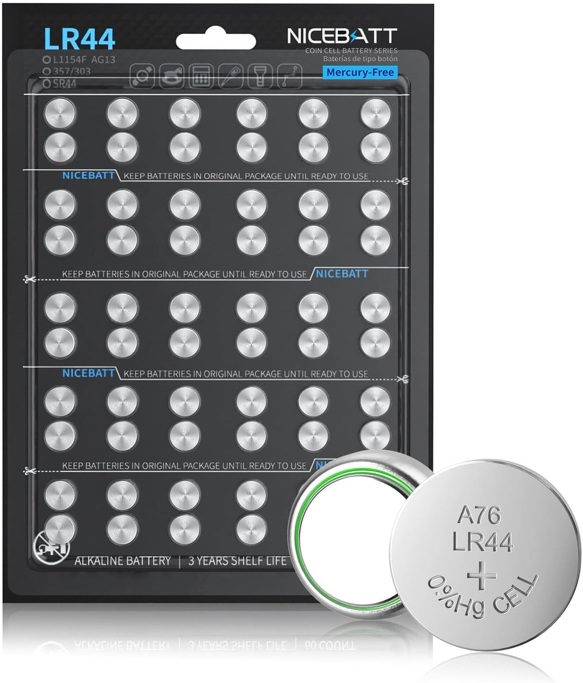 LR44 Batteries 60 Pack, AG13 L1154F 357 303 SR44 A76 Premium Alkaline 1.5V Button Coin Cell Battery