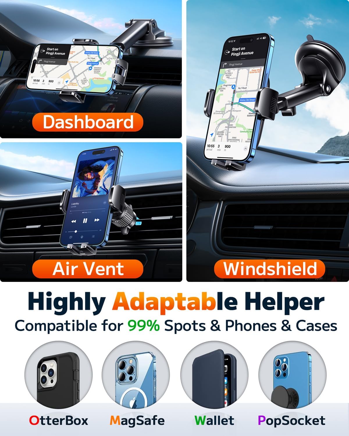 Qifutan Dash Mounted Holders Phone Holders for Your Car Phone Mount for Car Windshield Dashboard Air Vent Universal Pads Mats Mounts Hands Free Automobile Cell Phone Holder Fit for iPhone Smartphone