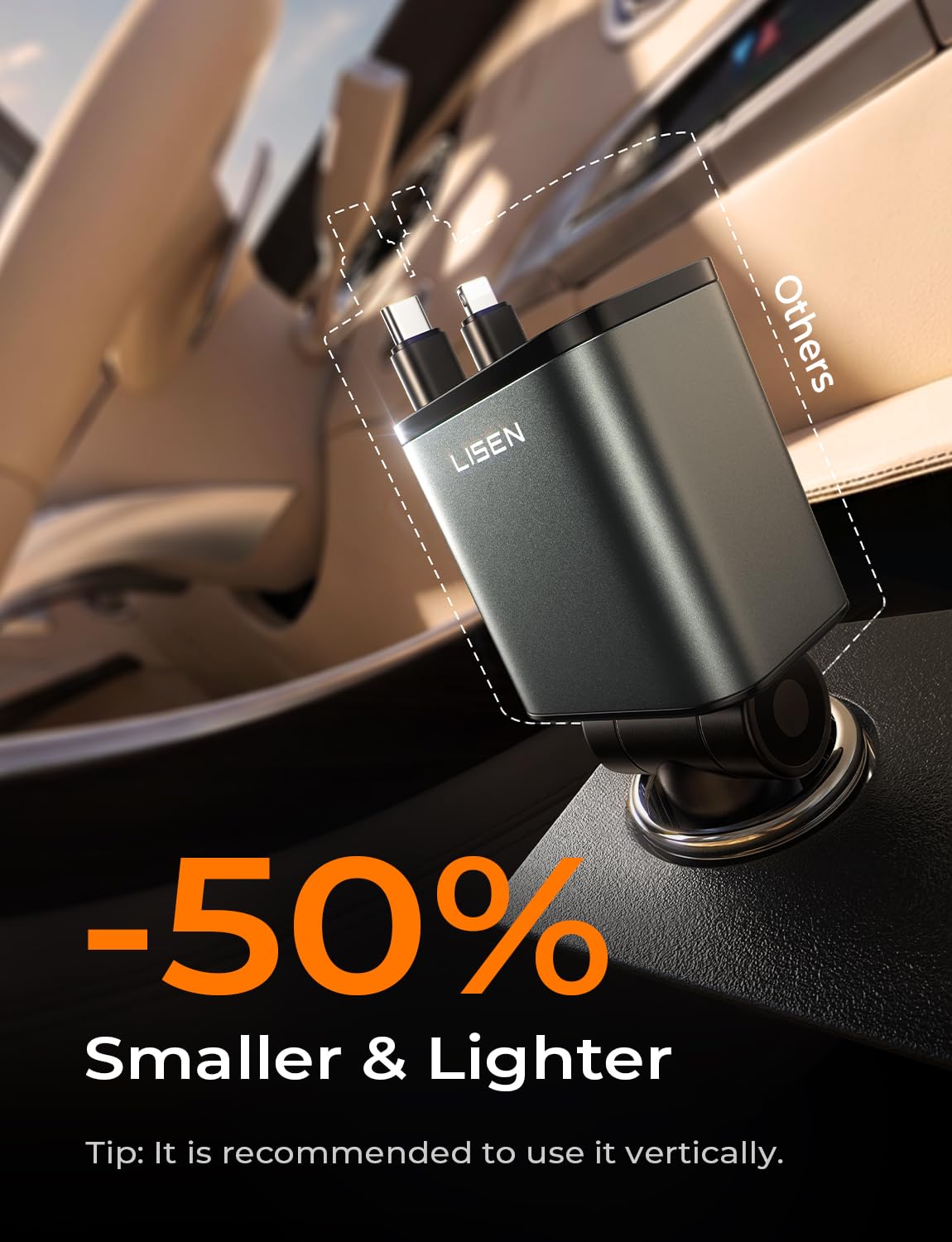 LISEN Retractable Car Charger, 84W Car Adapter USB C Fast Charger, 2 Pack