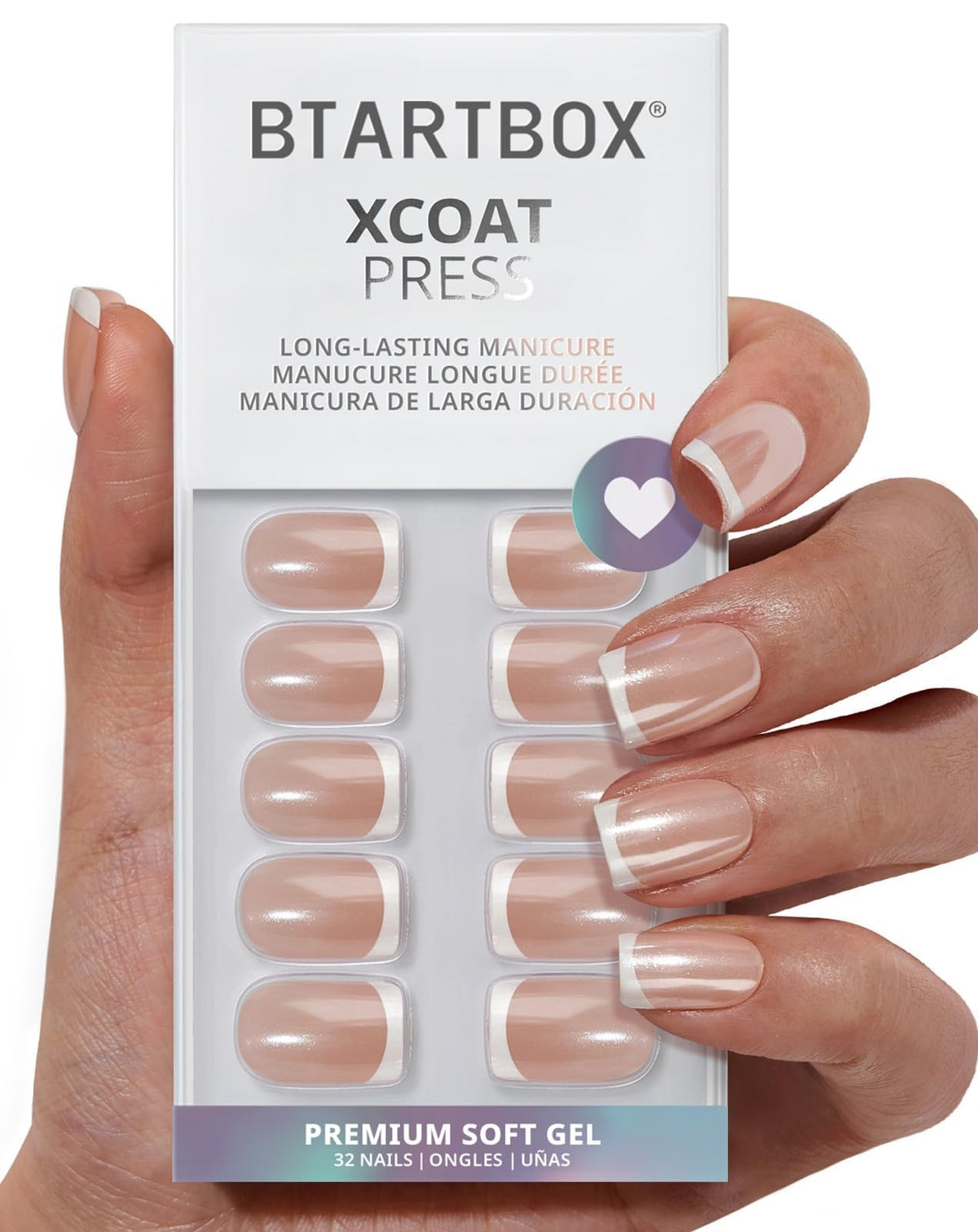 BTArtbox Press On Nails, Short Almond French Tip Nails, 32Pcs Full Kit
