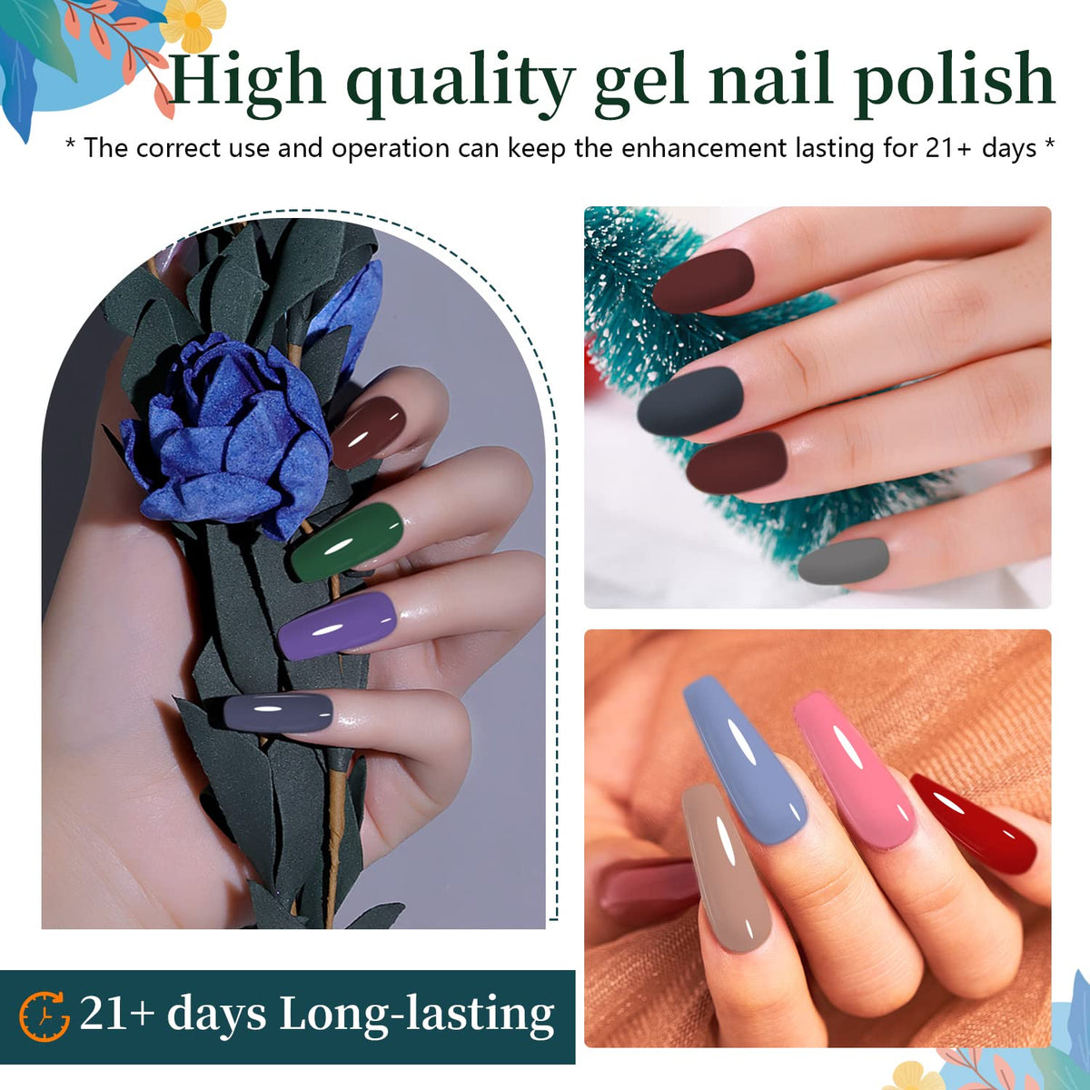 JODSONE 23 PCS Gel Nail Polish Set with Base Glossy and Matte Top Coat Multicolored Gel Nail Long Lasting Suitable for All Seasons