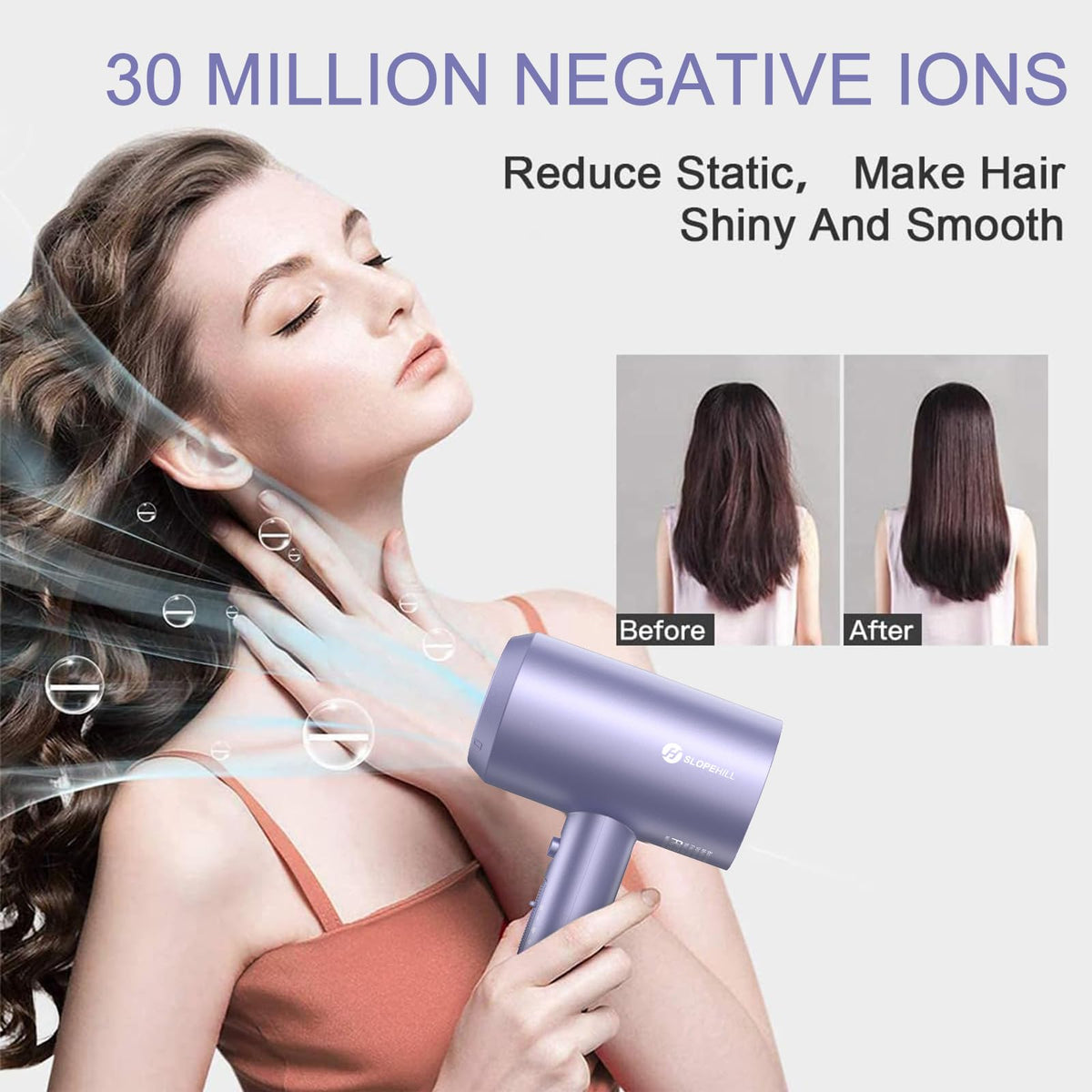 slopehill Professional Ionic Hair Dryer, Powerful 1800W Fast Drying Low Noise Blow Dryer with 2 Concentrator Nozzle 1 Diffuser Attachments for Home Salon Travel (Black)