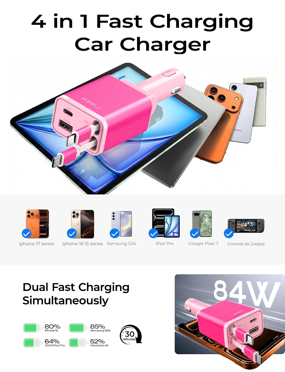 LISEN Retractable Car Charger, 84W Car Adapter USB C Fast Charger, 2 Pack