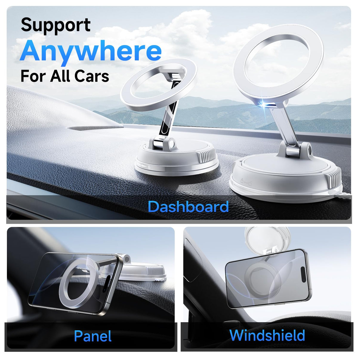 Compact Foldable Car Phone Holder for Magsafe [78+LBS Strongest Suction & 2400gf Strongest Magnetic] 360° Adjustable Car Phone Mount, Bedstand & Desk Mounts for iPhone 18-12 Pro Max (Carbon Fiber)