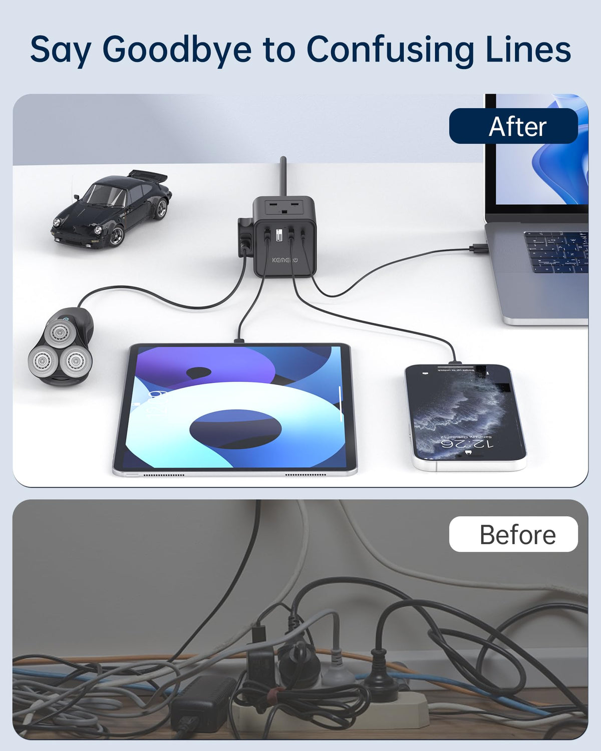 PD20W Cube Extension Lead with 4 USB Slots, Kemelo 4 Way (13A/3250W) Multi Plug Extension Cable with Child Safety UK Desktop Power Extension Socket,1.5M Extension Cords for Home Dorm Office