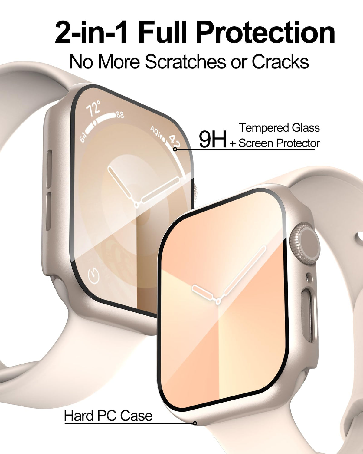 Smiling 2 Pack Case Compatible with Apple Watch Series 9 (2023)/Series 8 /Series 7 45mm with Tempered Glass Screen Protector, Hard PC Case Overall Protective Cover- Starlight