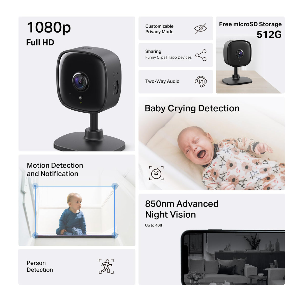 Tapo 1080P Indoor Security Camera, Baby Monitor, Dog Camera, Wired, C100