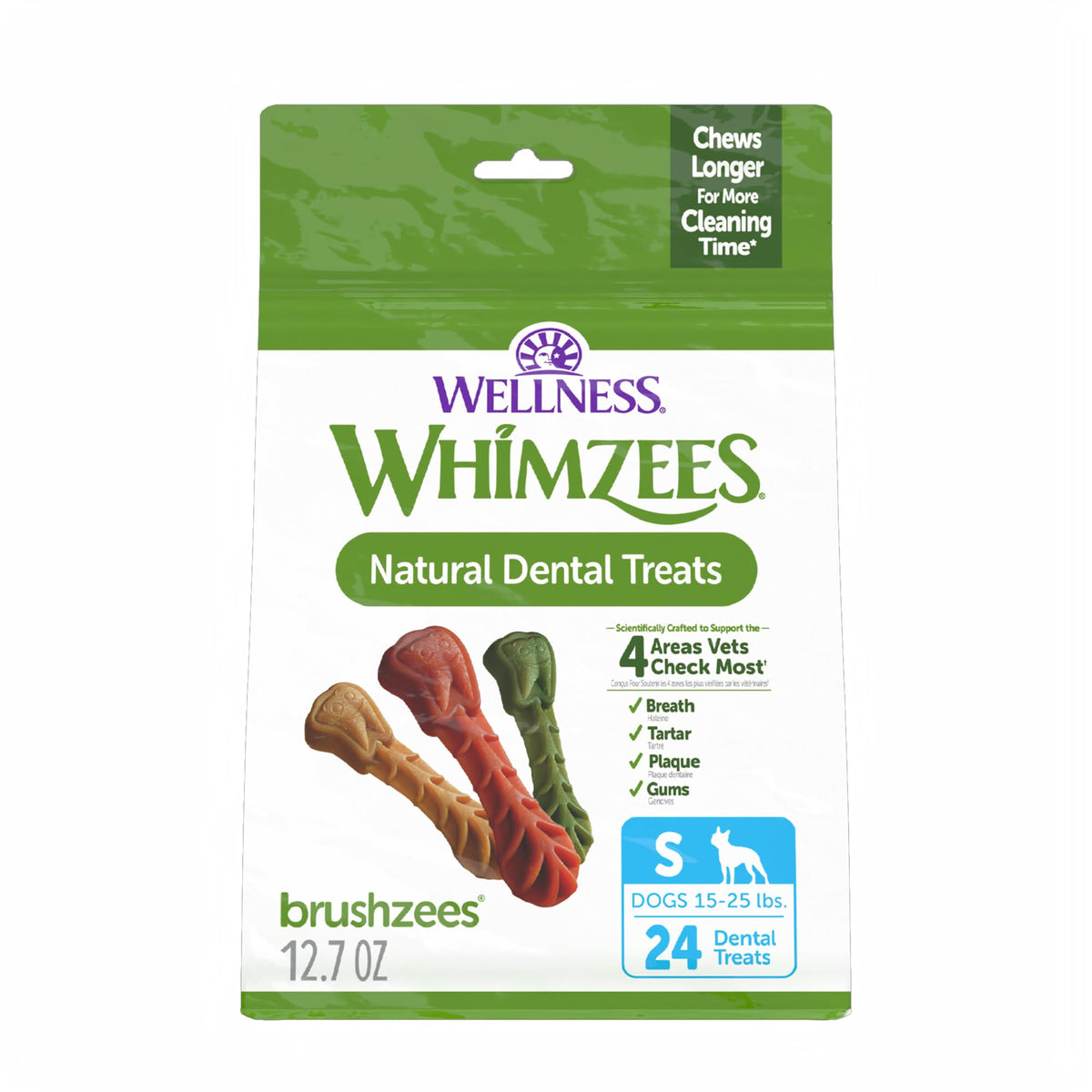 Whimzees Wellness Brushzees Natural Dog Dental Treat, VOHC Accepted Chews, Freshens Breath, Extra-Small Size, 12.7 oz Bag, 48 Count