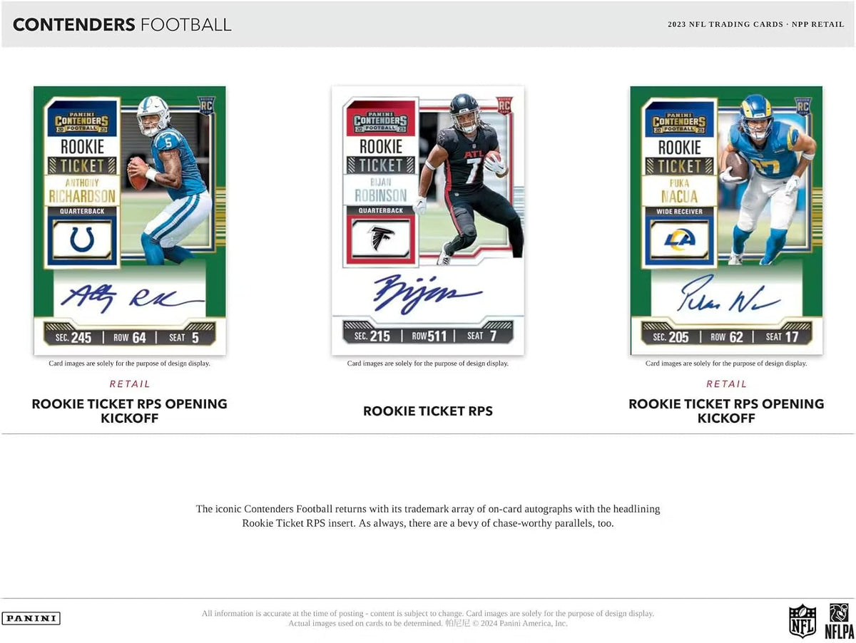 2023 Panini Contenders Football Trading Card Blaster Box with 5 Packs, 1 Autograph OR Memorabilia Card