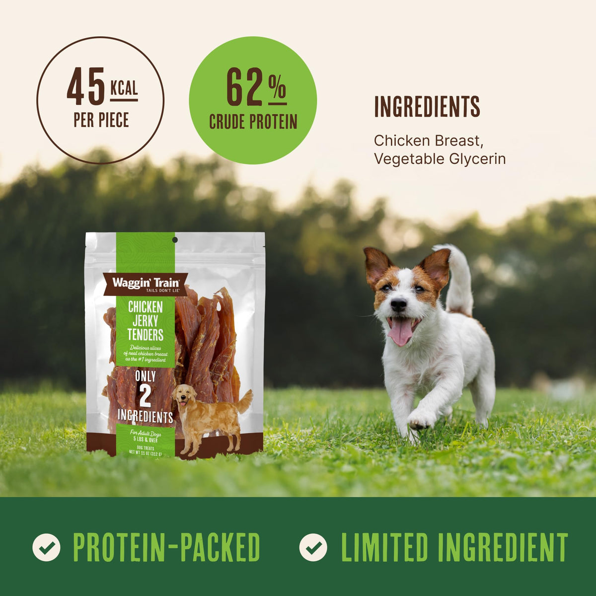 Waggin' Train Chicken Jerky Dog Treats, Made with 100% Real Chicken Breasts, Only Two All-Natural Ingredients, Great High Protein Dog Treat, Easily Digestible for Big or Small Dogs, 30 oz. Pouch