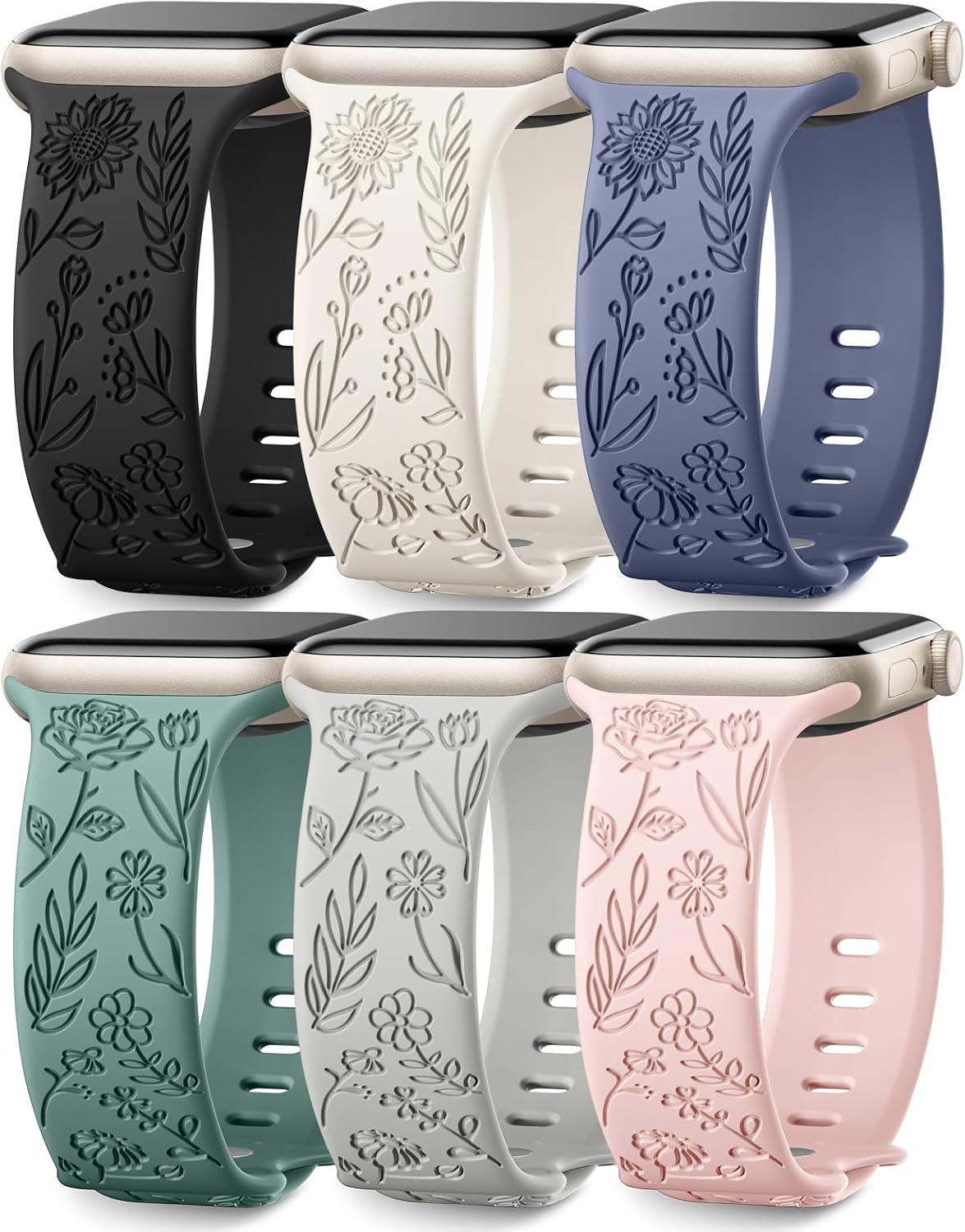 6 Pack Floral Engraved Bands Compatible with Apple Watch for Women