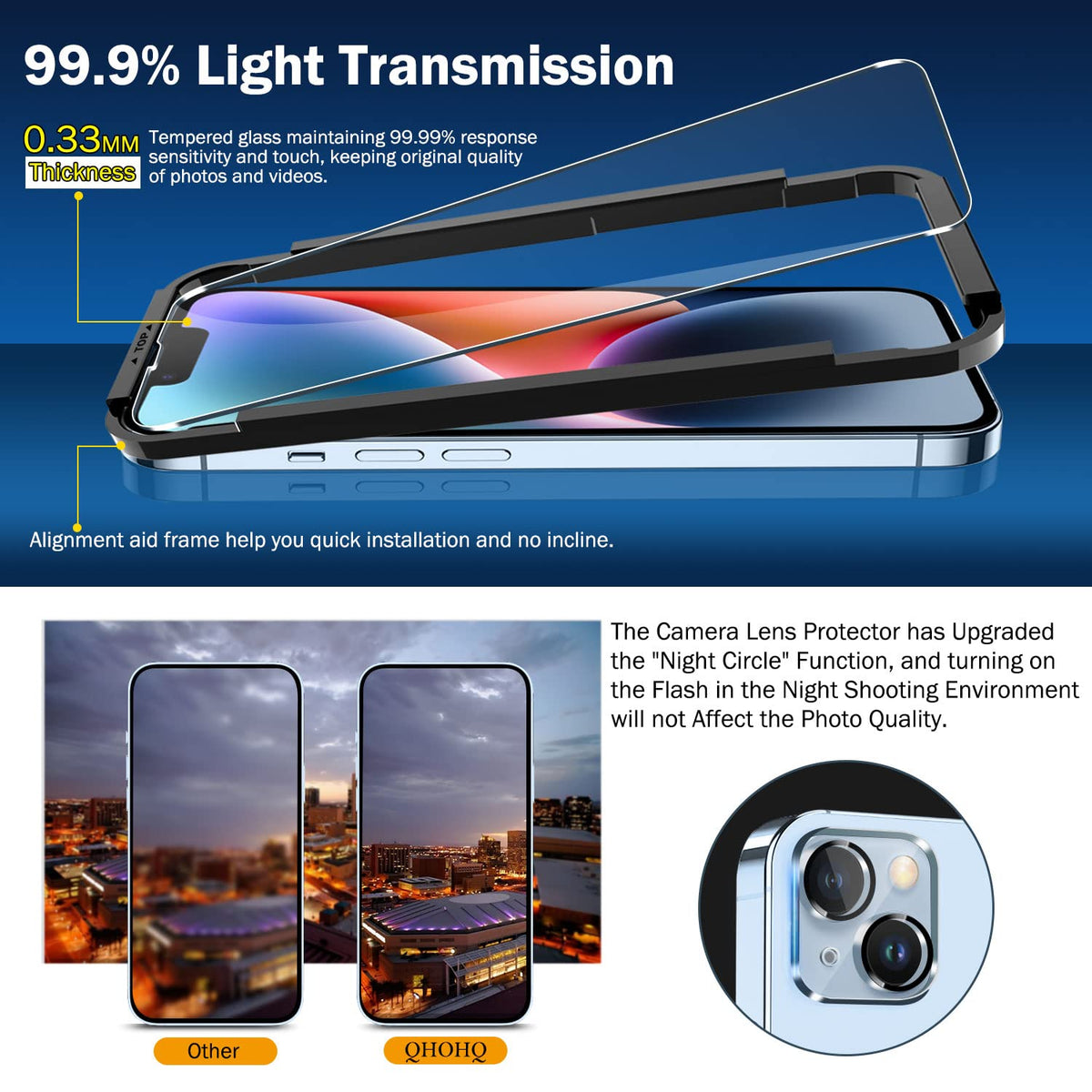 QHOHQ 3 Pack Screen Protector for iPhone 13 Pro 6.1 Inch with 3 Pack Tempered Glass Camera Lens Protector, Ultra HD, 9H Hardness, Scratch Resistant - Case Friendly [Not fit iPhone 13 Pro Max 6.7"]