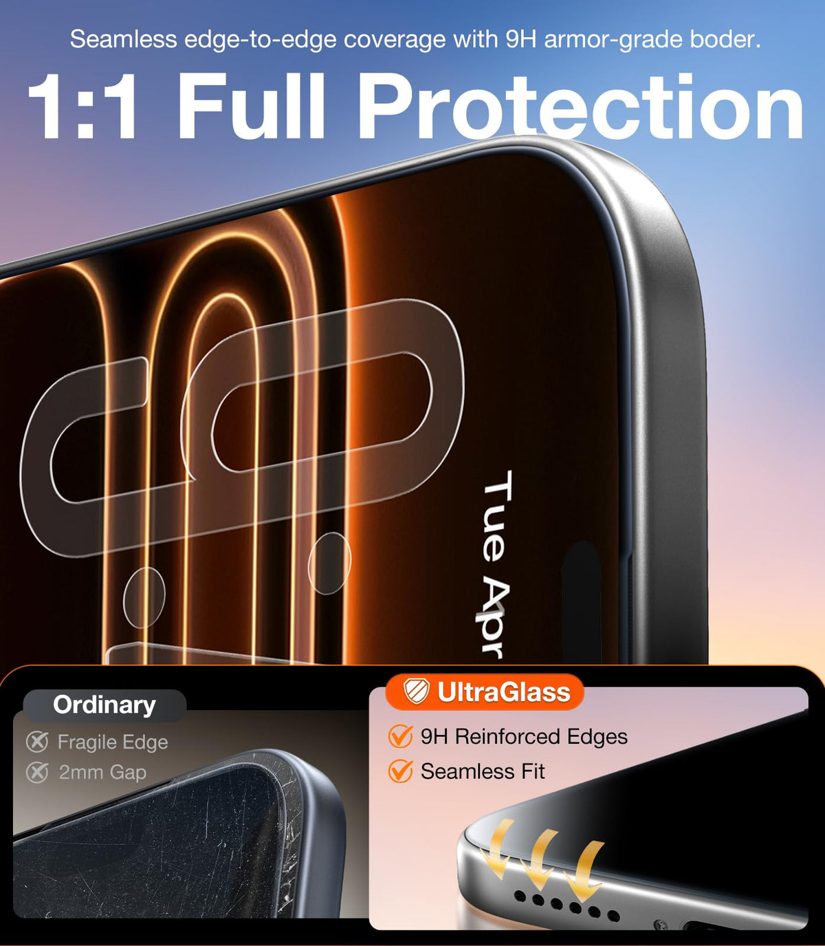 UltraGlass Crystal Armor for iPhone 16 Pro Screen Protector (No Black Bezels) 9H+ Military-Grade Shatterproof Screen Protector 16 Pro Tempered Glass, One Step Easy Installation, 1 Piece
