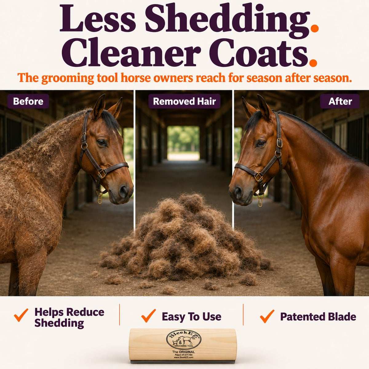 SleekEZ 10 Inch Horse Brush – Patented Horse Shedding Blade Made in USA - Removes Loose Hair & Undercoat - Deshedding Tool for Donkeys, Cows & Large Animals - Helps Reduce Seasonal Shedding