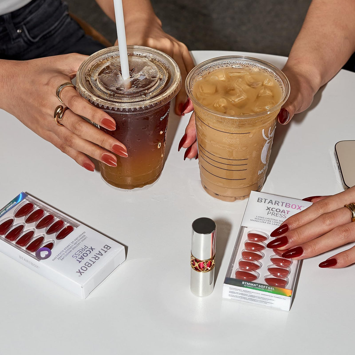 BTArtbox Press On Nails, Short Almond French Tip Nails, 32Pcs Full Kit