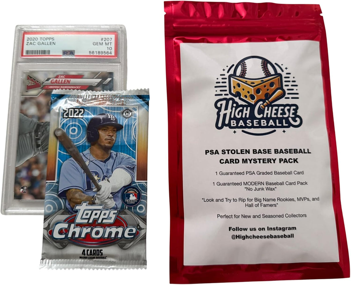 High Cheese Baseball Cards PSA Graded Stolen Base Mystery Pack, 1 PSA Graded Card, 1 Unopened Modern Pack, Rookies and Hall of Famers