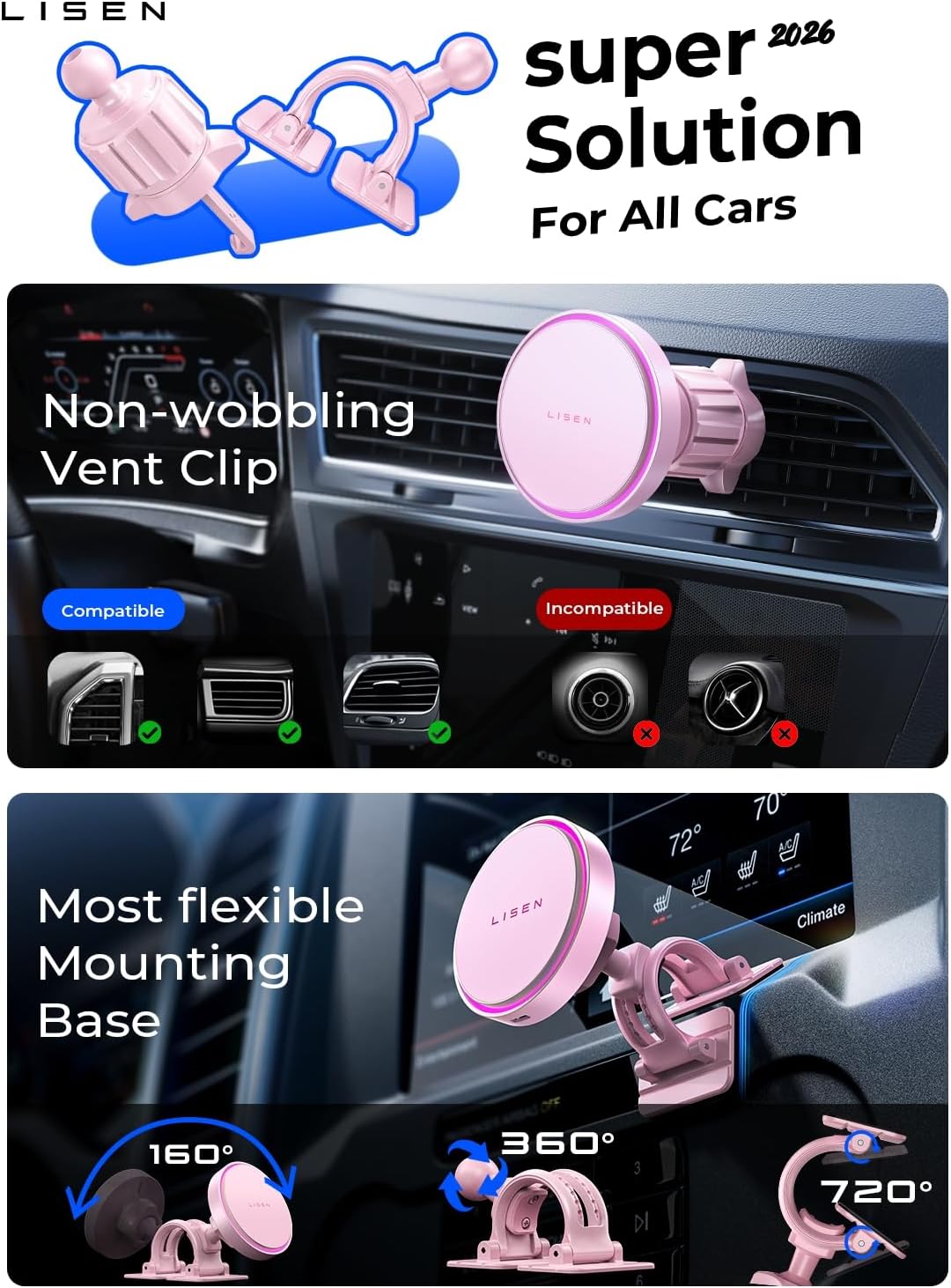 LISEN 15W MagSafe Car Mount Charger, Magnetic Phone Holders for Your Car