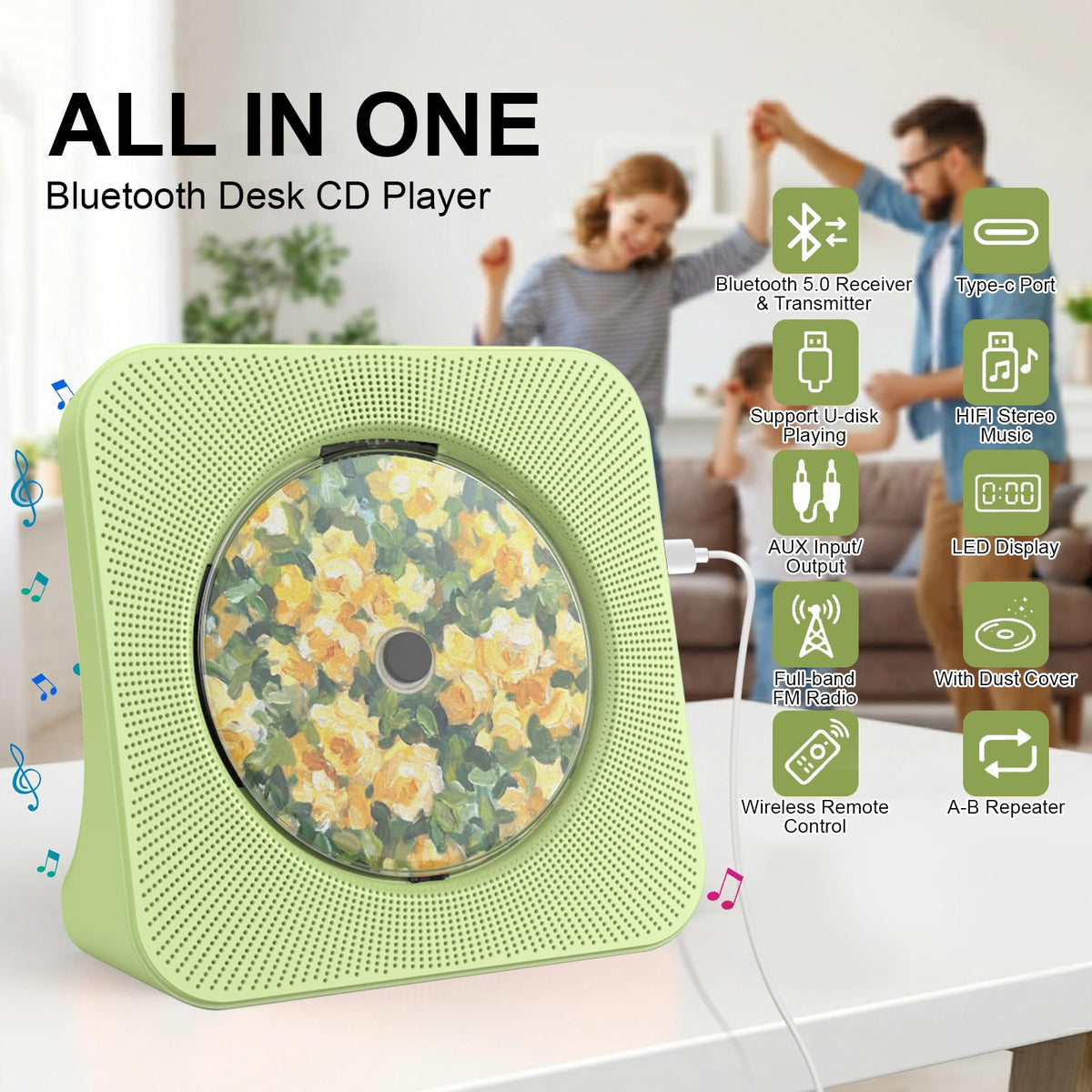 Portable CD Player with Bluetooth, Gueray Desktop CD Players for Home, Bulit-in Double HiFi Speakers, AUX&Headphone Jack, FM Radio Boombox with Remote Control, USB Port,LCD Display (White)
