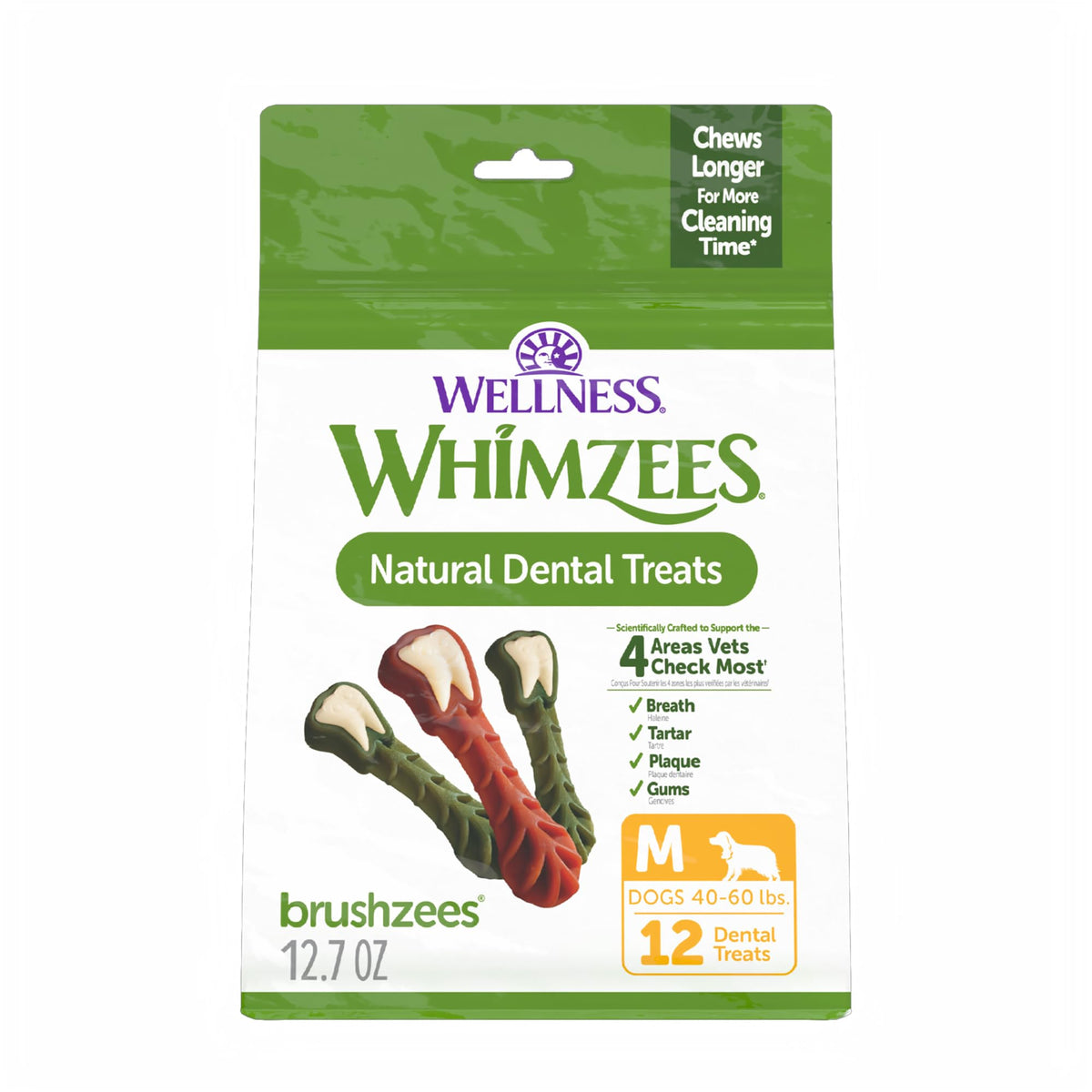 Whimzees Wellness Brushzees Natural Dog Dental Treat, VOHC Accepted Chews, Freshens Breath, Extra-Small Size, 12.7 oz Bag, 48 Count
