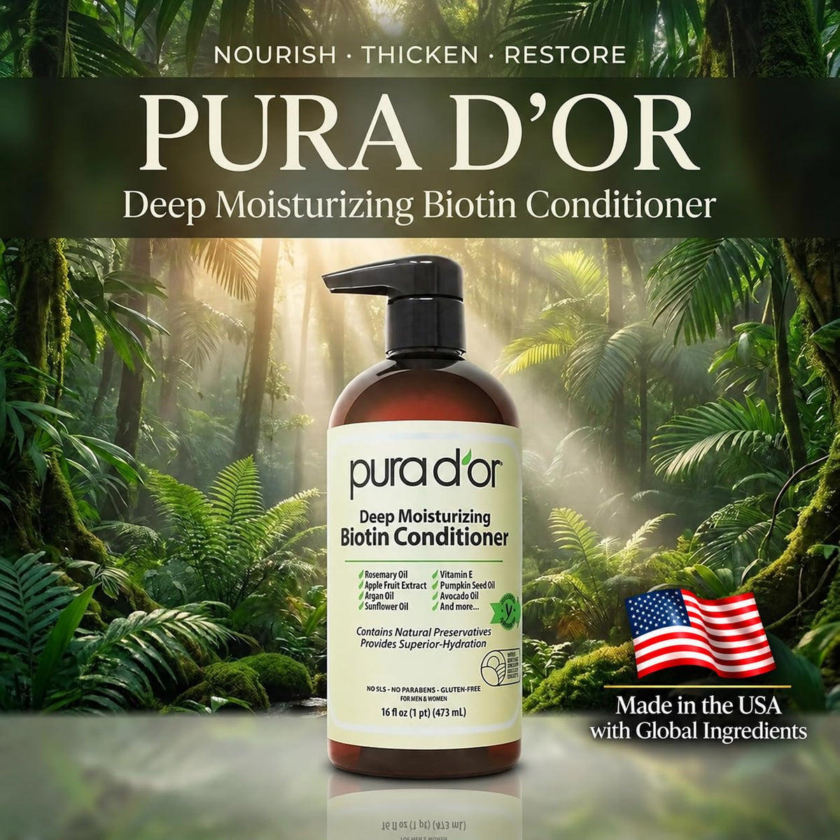 PURA D'OR Gold Label Anti-Thinning Biotin Shampoo & Conditioner, 16oz x2