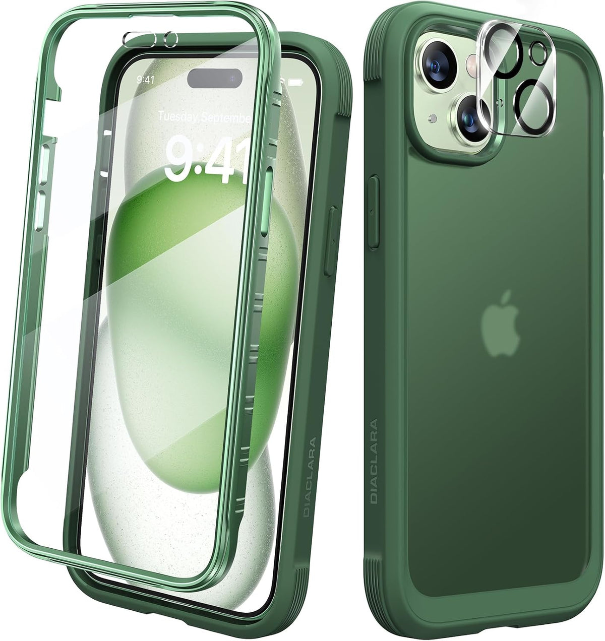 Diaclara Designed for iPhone 15 Plus Case 6.7 Inch, Full-Body Clear Bumper Cases w/Built-in Screen Protector, 360 Protective Rugged Case + Glass Camera Lens Protector,Mint Green