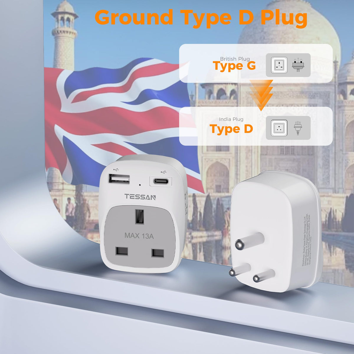 TESSAN UK to South Africa Plug Adapter, Type M Travel Adapter with USB C